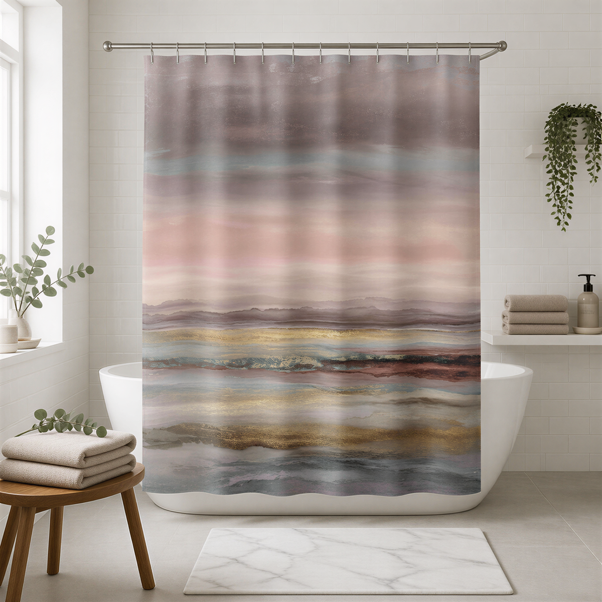 a bathroom with a shower curtain that has a colorful, abstract painting of a sunset over a body of water. The shower curtain is hanging above a white bathtub, which is positioned against a white tiled wall. The bathroom also includes a wooden stool, a potted plant, and some towels.