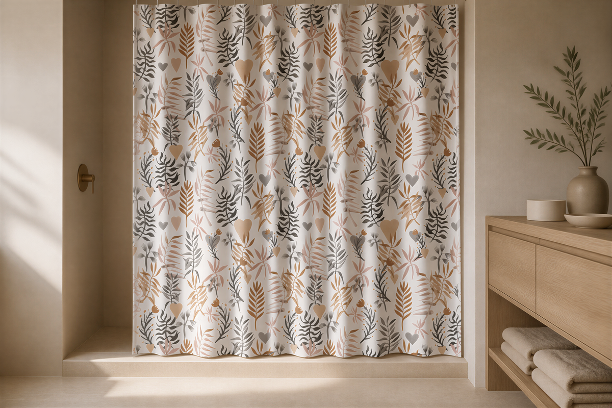 a bathroom with a shower curtain adorned with a floral pattern in shades of brown and white. The shower curtain is hanging in the shower area, and there is a wooden cabinet or shelf below it. A vase is placed on the shelf, and a potted plant is situated next to it. The overall color scheme of the bathroom is neutral, with the floral pattern on the shower curtain adding a touch of warmth and natural elements to the space.
