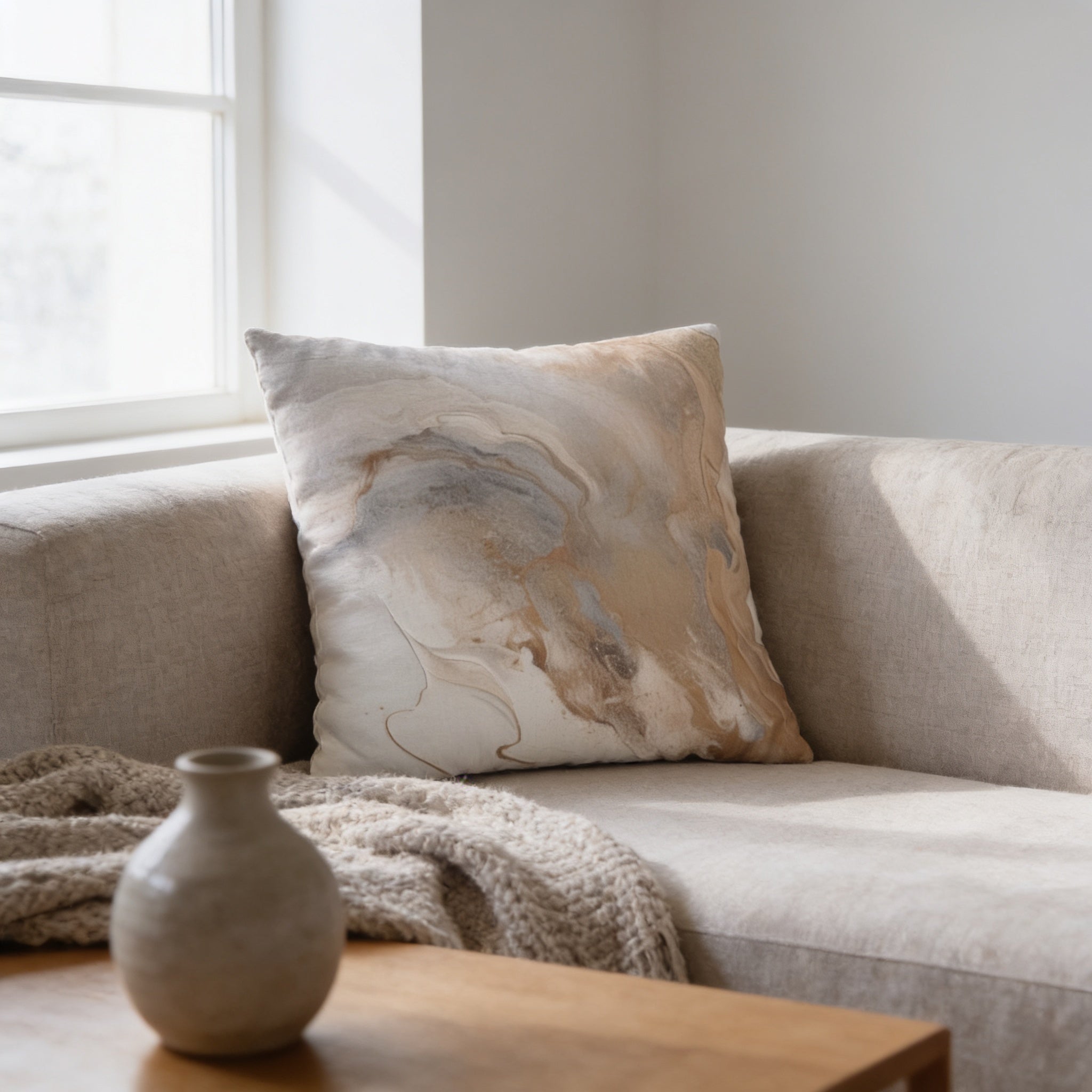 a cozy living room with a beige sofa, a wooden coffee table, and a decorative pillow with a marble-like pattern.