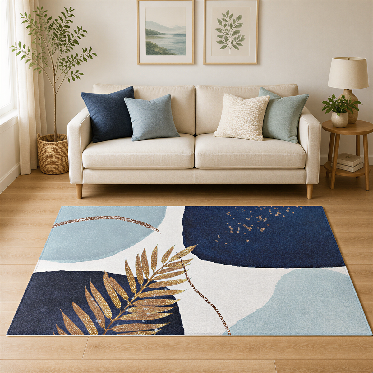 a living room with a white sofa, a blue and white abstract rug, and a potted plant. The room has a minimalist and modern design, with a large window providing natural light.