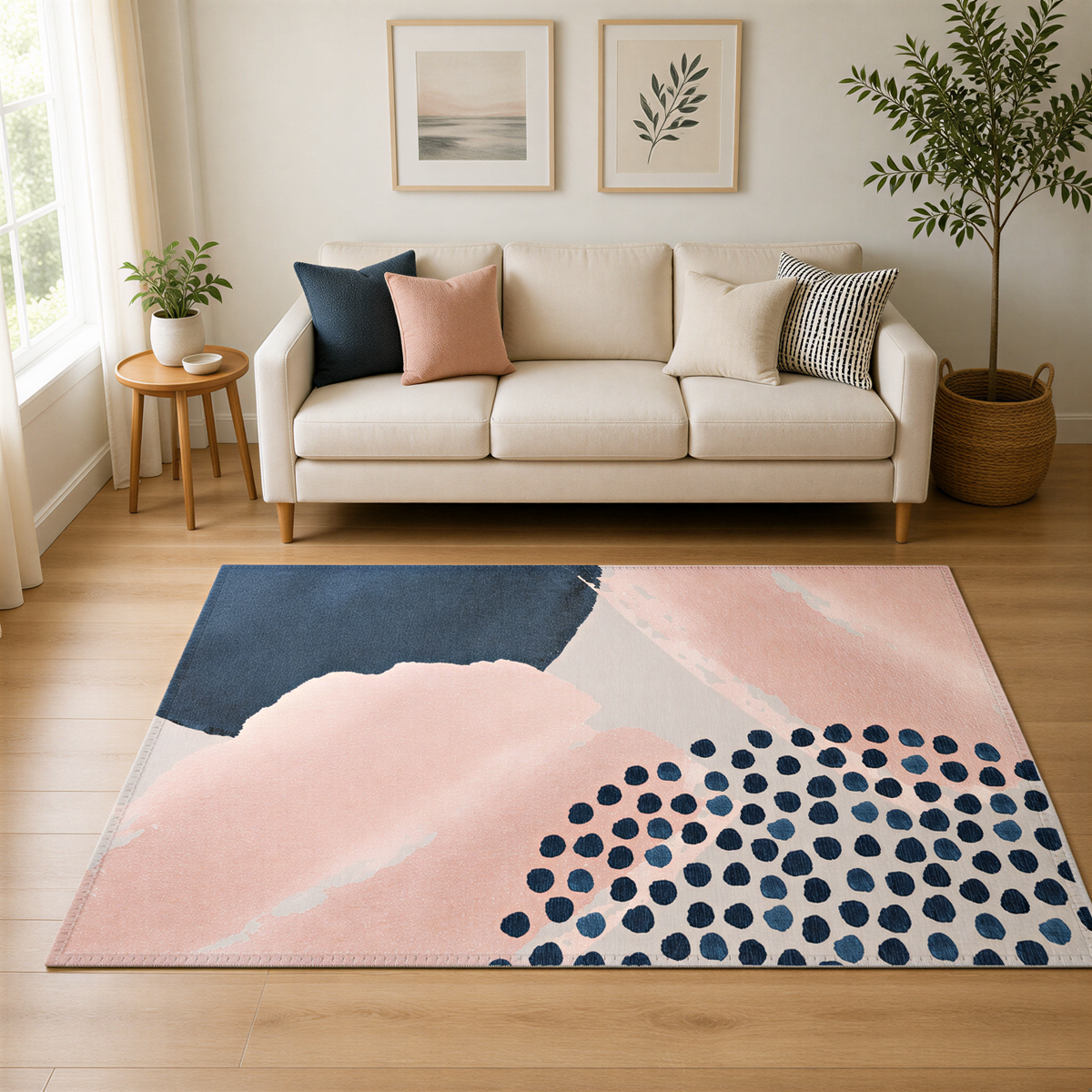 a cozy living room with a white sofa, a large abstract rug with a mix of pink, blue, and black polka dots, and two framed pictures on the wall.