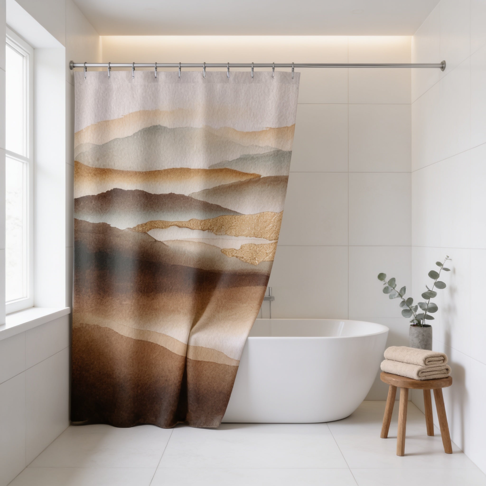 a modern bathroom with a large white bathtub, a shower curtain featuring a landscape design, and a small potted plant on a wooden stool.