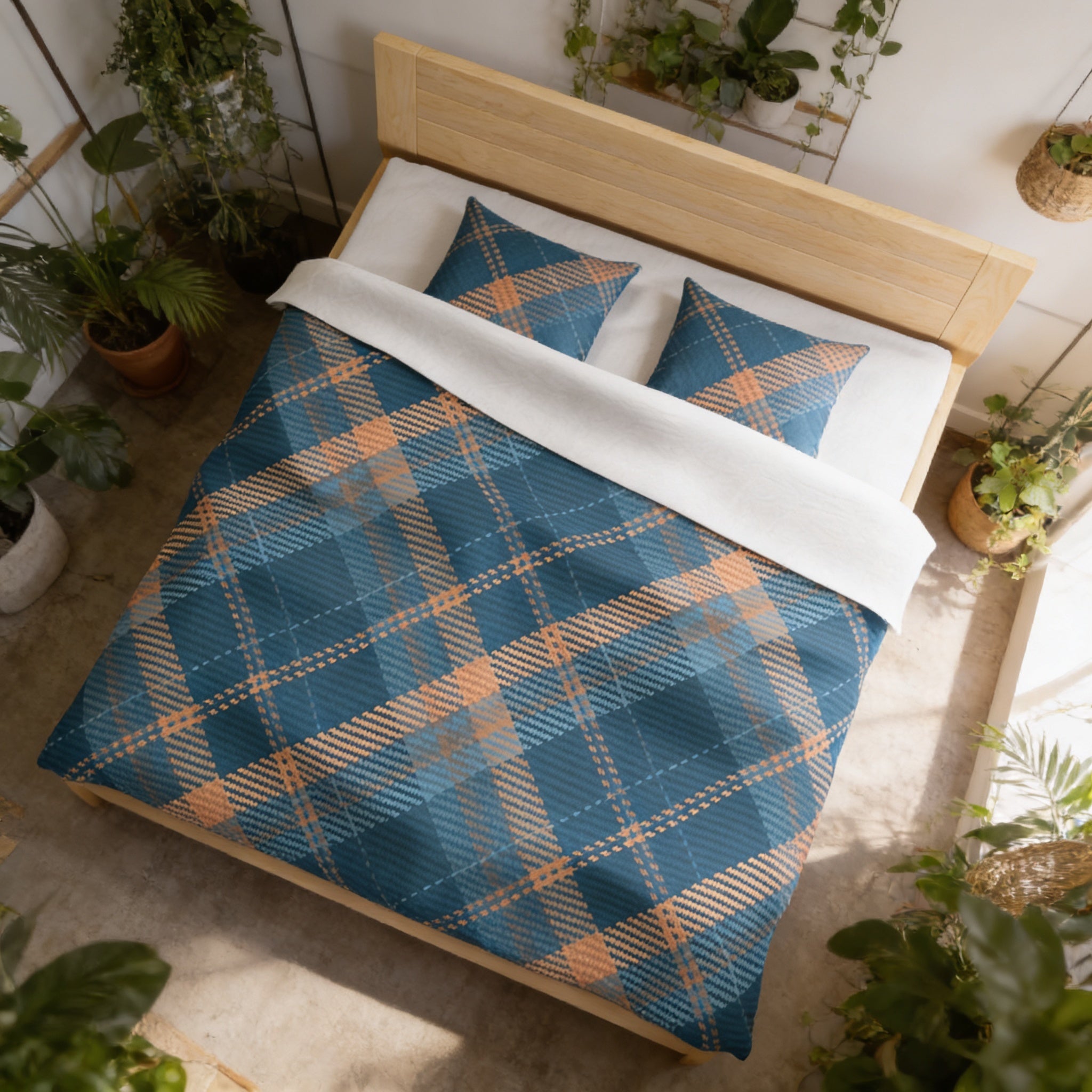 a cozy bedroom with a wooden bed frame, a blue and orange plaid comforter, and two matching pillows. The room is decorated with several potted plants, creating a lush and vibrant atmosphere.