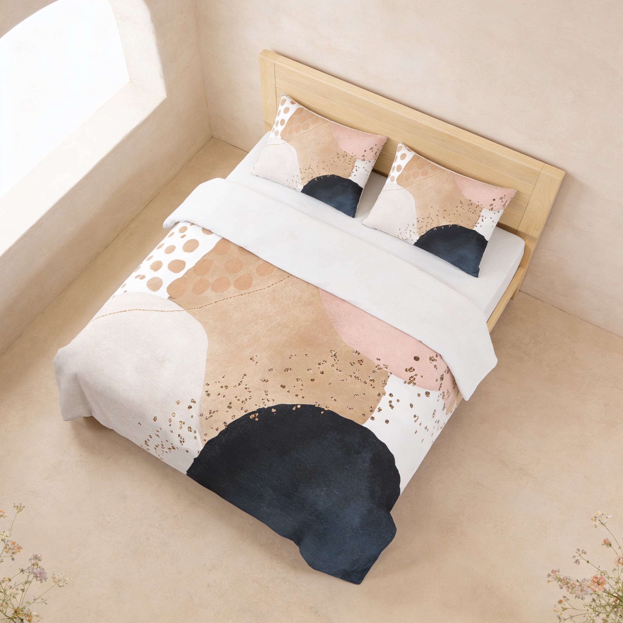 a bedroom with a bed featuring a colorful abstract patterned comforter and matching pillows.