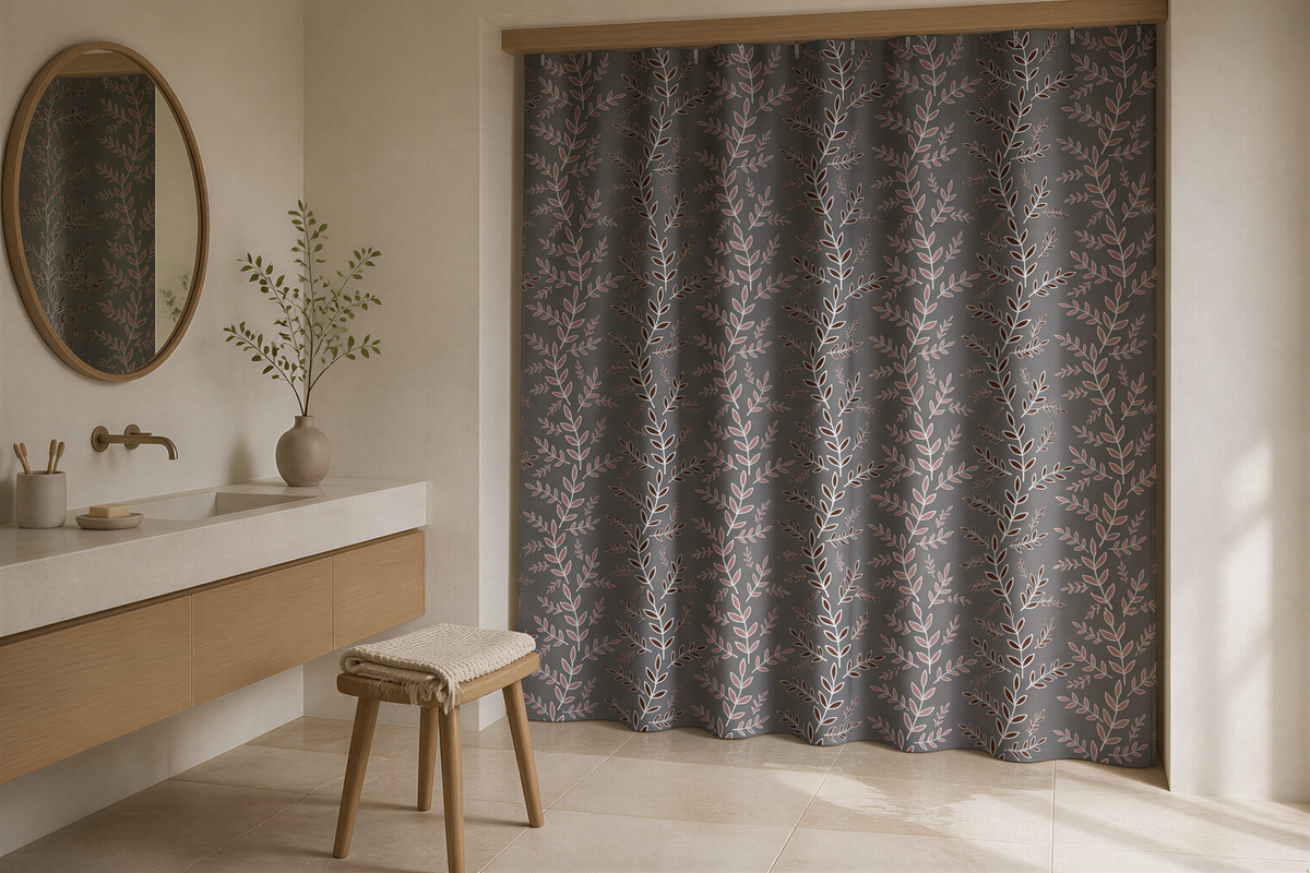 a serene and modern bathroom with a large window, a wooden vanity, and a decorative plant.