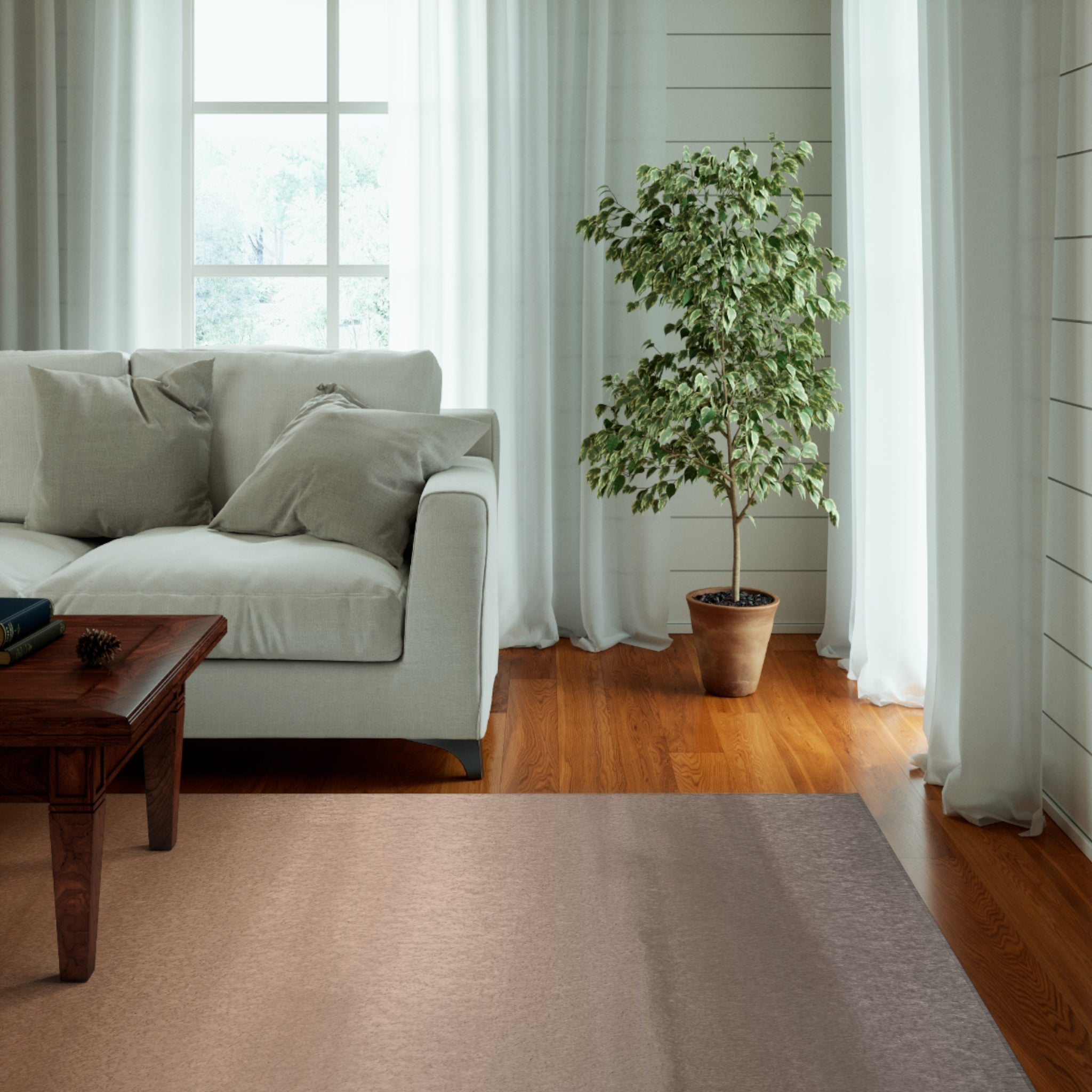 a living room with a couch, coffee table and a potted plant