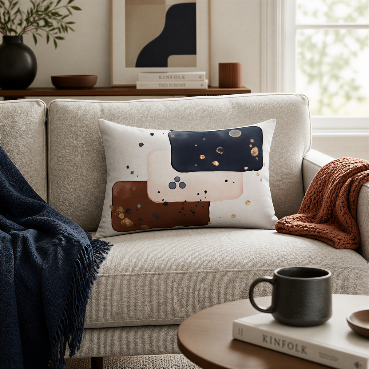 a cozy living room with a beige sofa, a blue blanket, a coffee table with a book and a mug, and a framed abstract art piece on the wall.