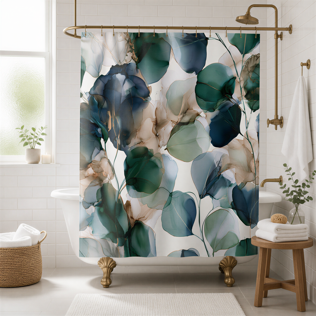 a bathroom with a shower curtain and a rug