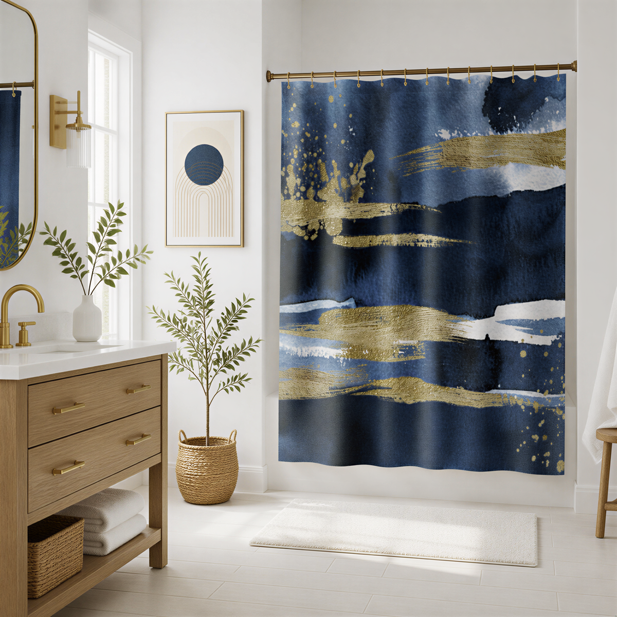 a modern bathroom with a large blue and gold abstract painting on the wall, a wooden vanity with a sink, a mirror, and a potted plant.