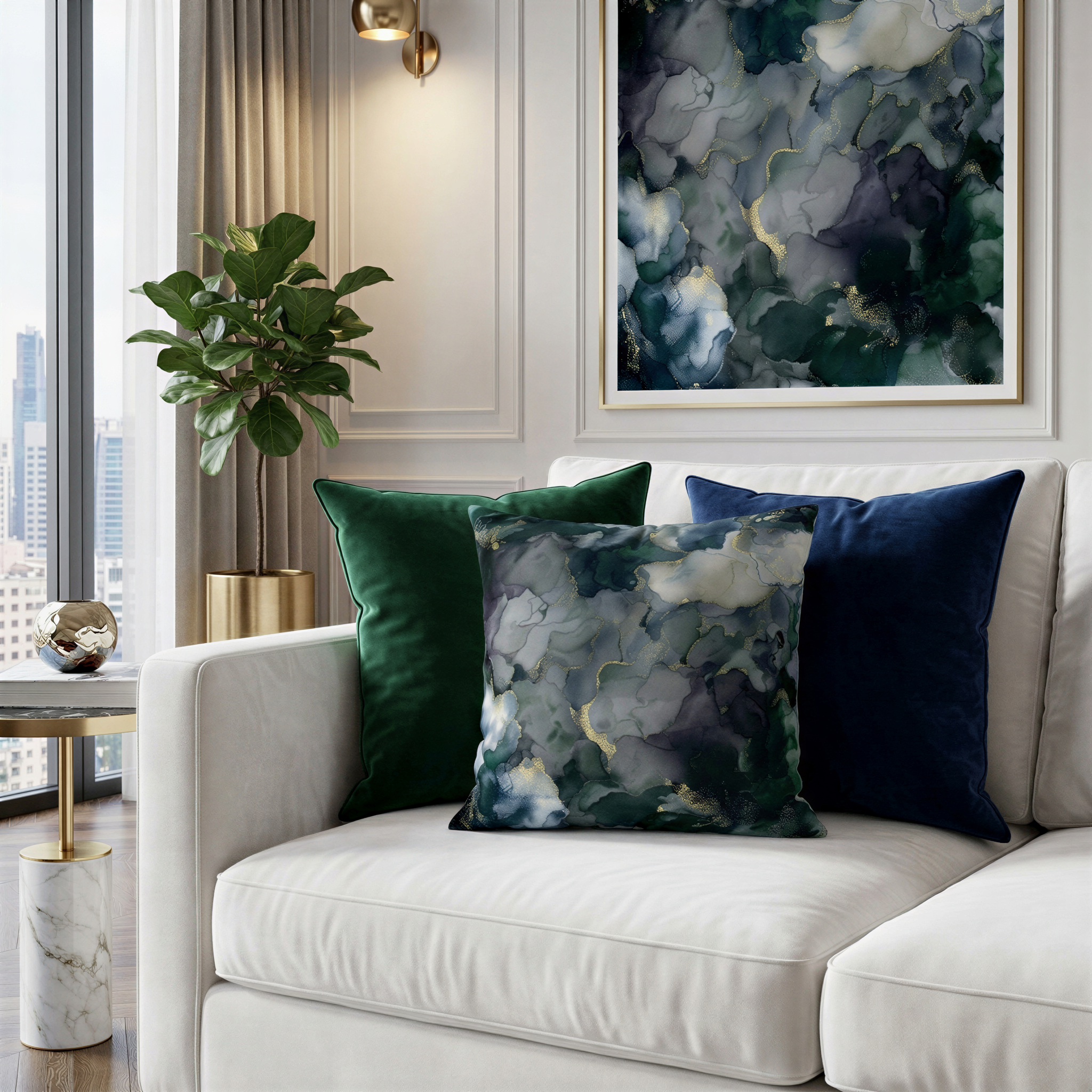 a modern living room with a white sofa adorned with three throw pillows in shades of green and blue. The sofa is positioned in front of a large window, allowing natural light to fill the space. A framed abstract painting hangs on the wall above the sofa, adding an artistic touch to the room. A potted plant is also present, further enhancing the room's aesthetic appeal.