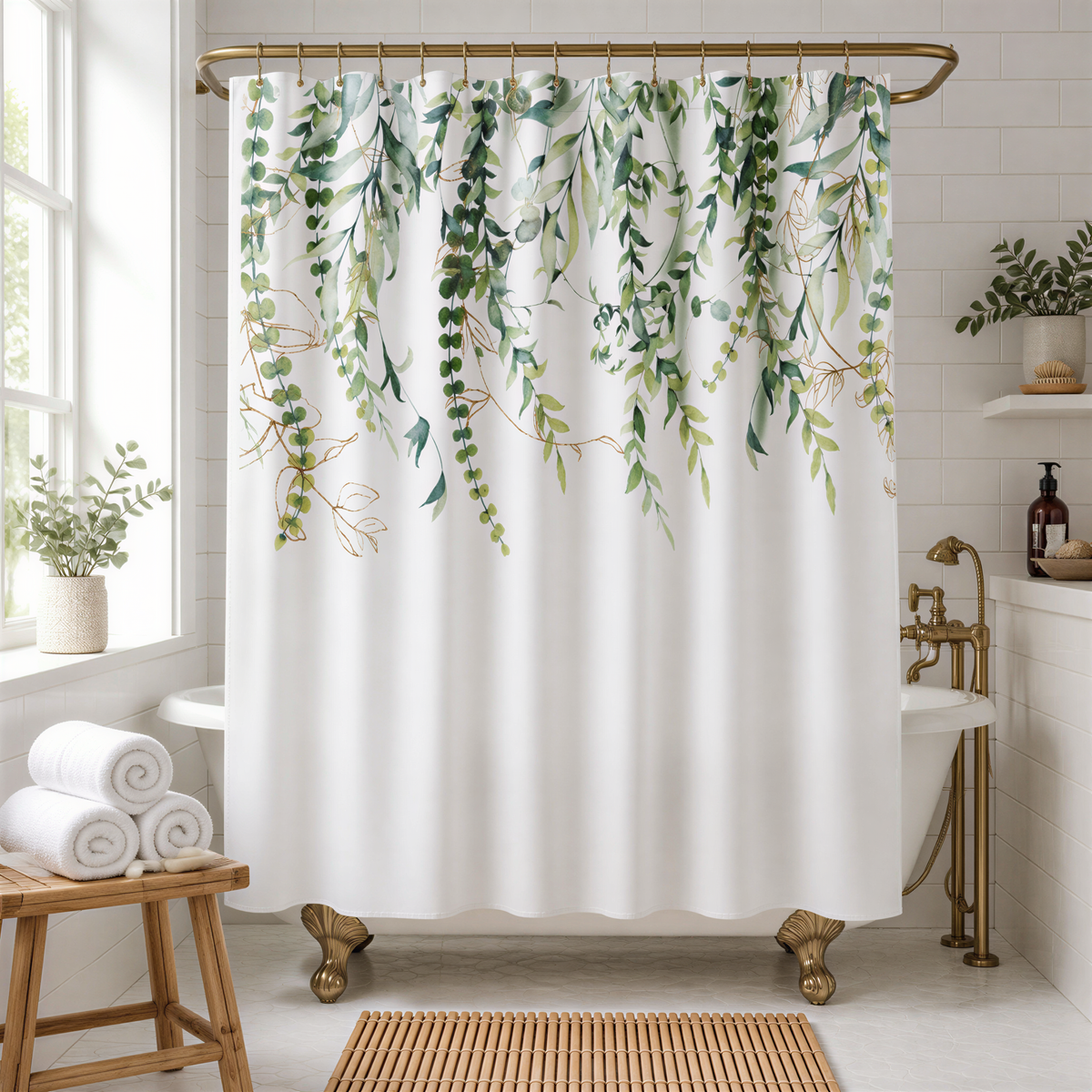 a bathroom with a white shower curtain adorned with a lush green plant design. The curtain is hanging from a rod, and there are two potted plants in the room, one on the left side and another on the right side. The bathroom also includes a wooden stool, a white bathtub, and a wooden mat on the floor.