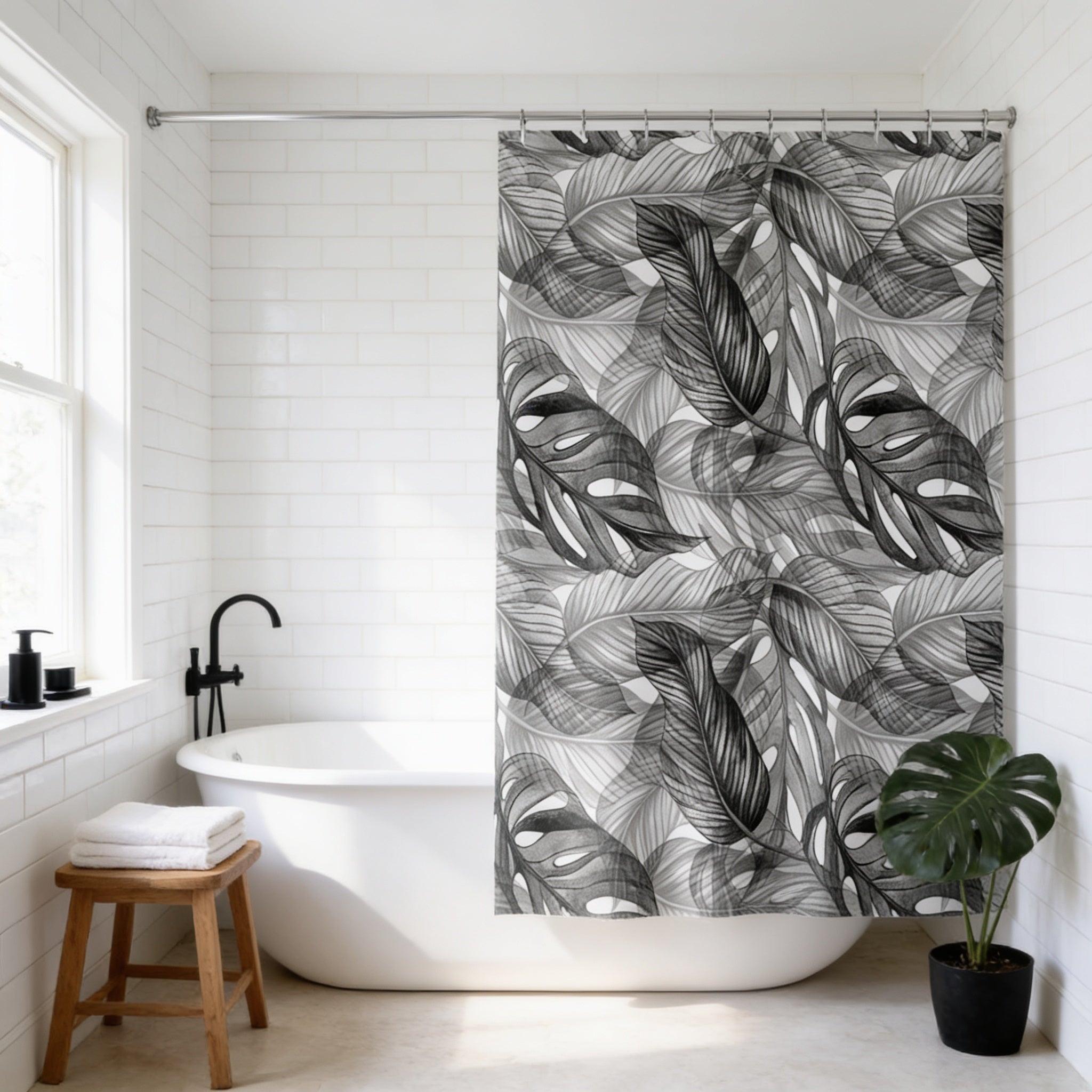 a bathroom with a white bathtub, a shower curtain with a black and white leaf pattern, a wooden stool, and a potted plant.