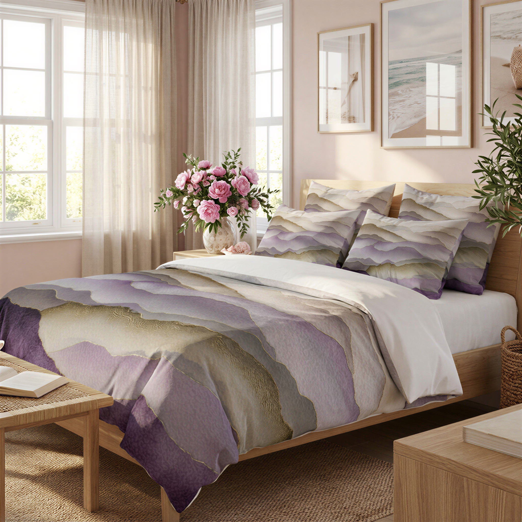a cozy bedroom with a large bed adorned with a colorful, patterned comforter and pillows. The room is decorated with framed pictures on the walls and a vase of pink flowers on a nightstand. There is a window with curtains, allowing natural light to enter the space.