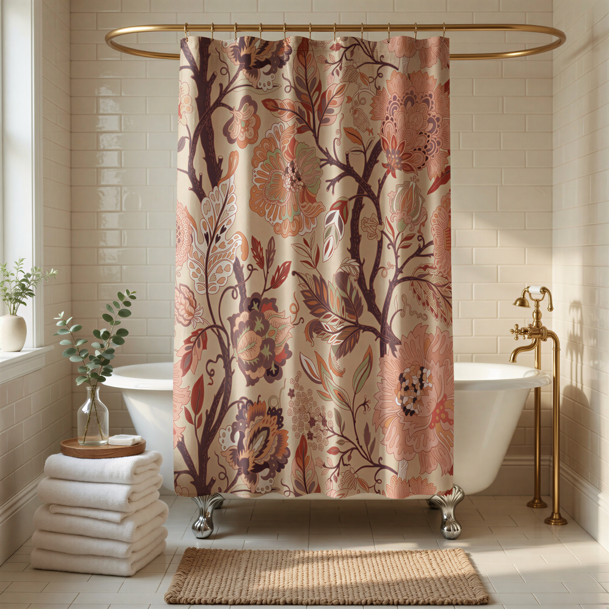 a bathroom with a floral patterned shower curtain, a white bathtub, and a stack of white towels. The room has white tiled walls and a wooden floor, creating a warm and inviting atmosphere.