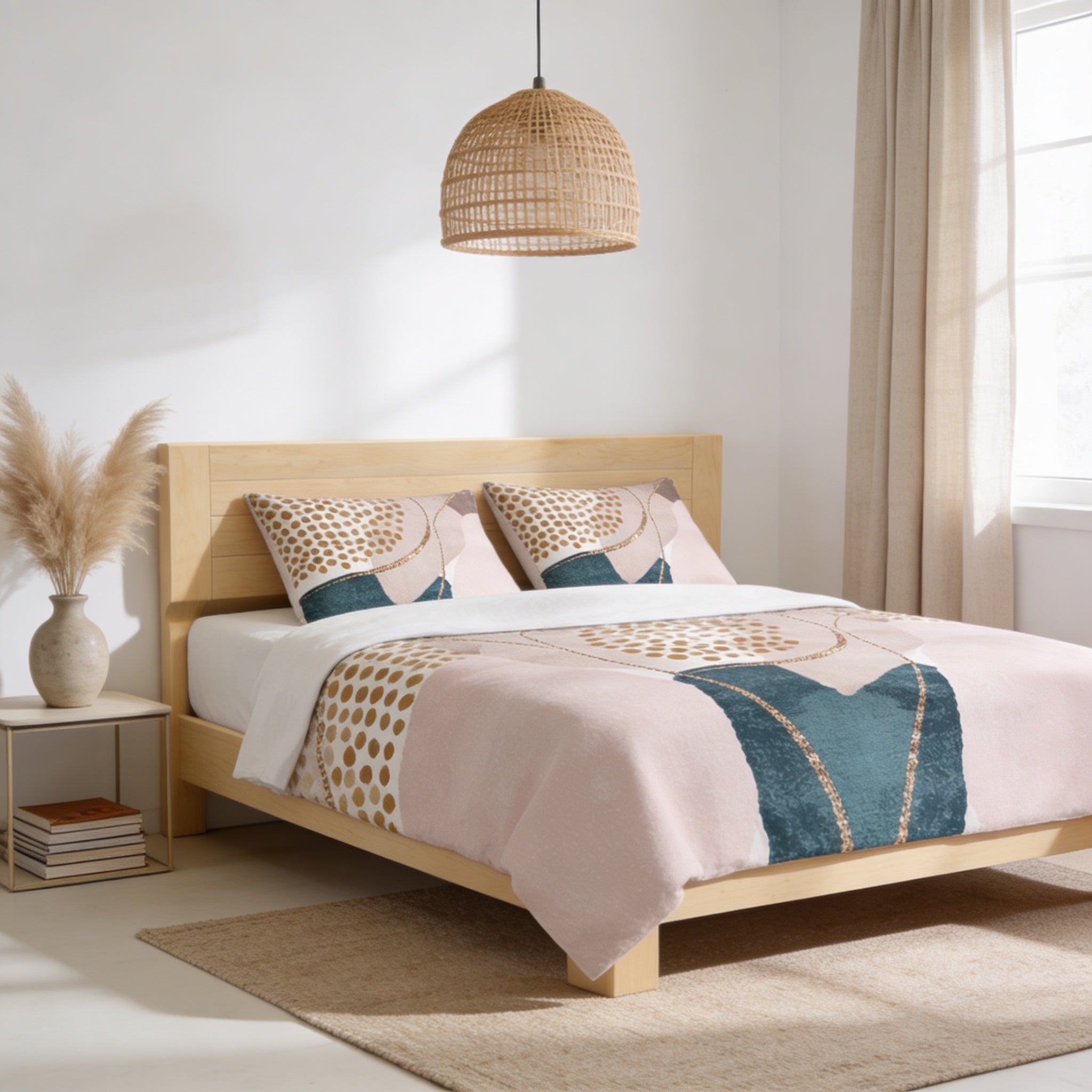 a serene and modern bedroom with a wooden bed frame, a woven pendant light, and a beige rug. The bed is adorned with a pink and blue patterned comforter and matching pillows, creating a visually appealing and cozy atmosphere.