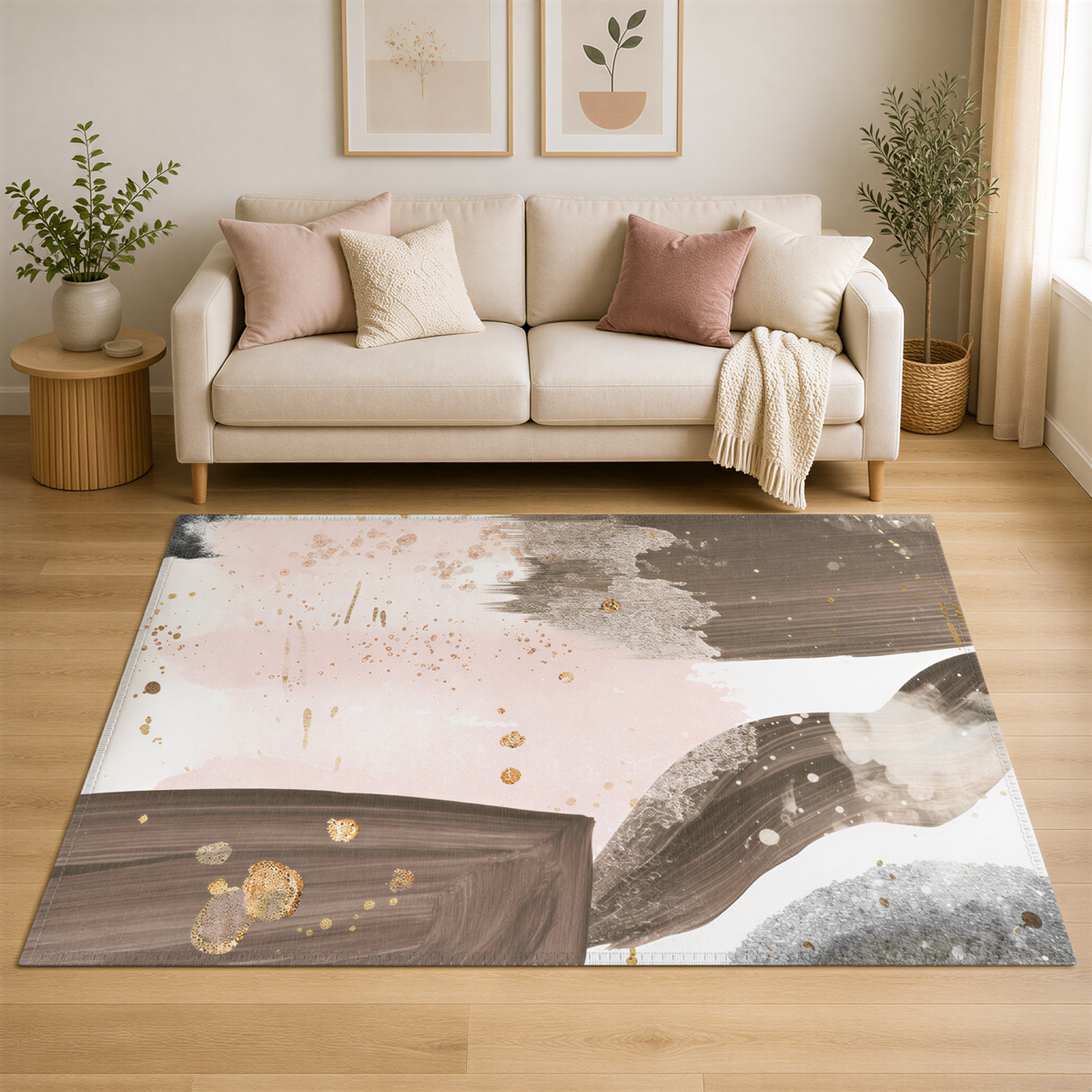 a cozy living room with a beige sofa, a wooden side table, and a large abstract rug with a mix of pink, brown, and gray colors.