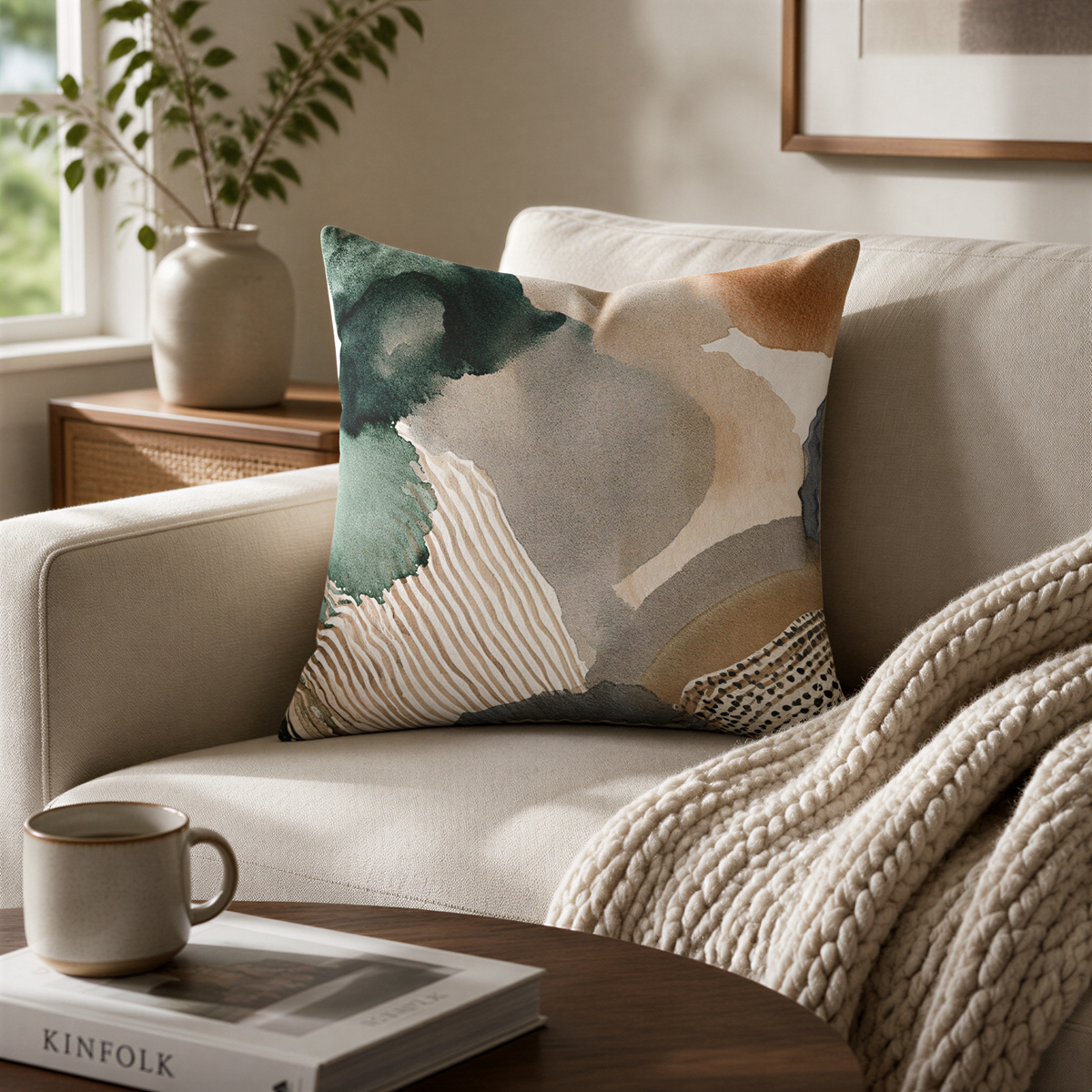 a cozy living room with a beige sofa, a coffee table with a book and a mug, and a decorative throw pillow with an abstract pattern in shades of green, gray, and brown.
