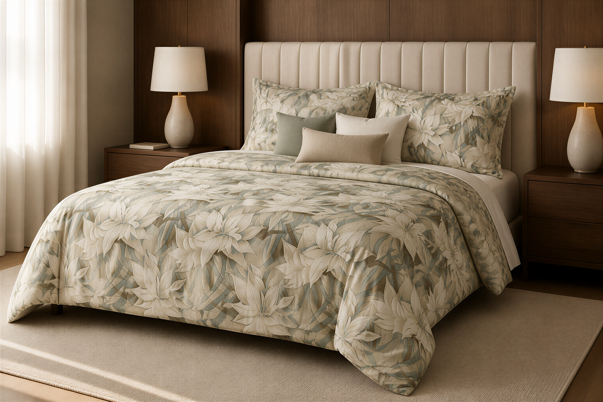 a well-furnished bedroom with a large bed, a wooden headboard, and two nightstands with lamps. The bed is covered in a floral print comforter and pillows, creating a cozy and inviting atmosphere.