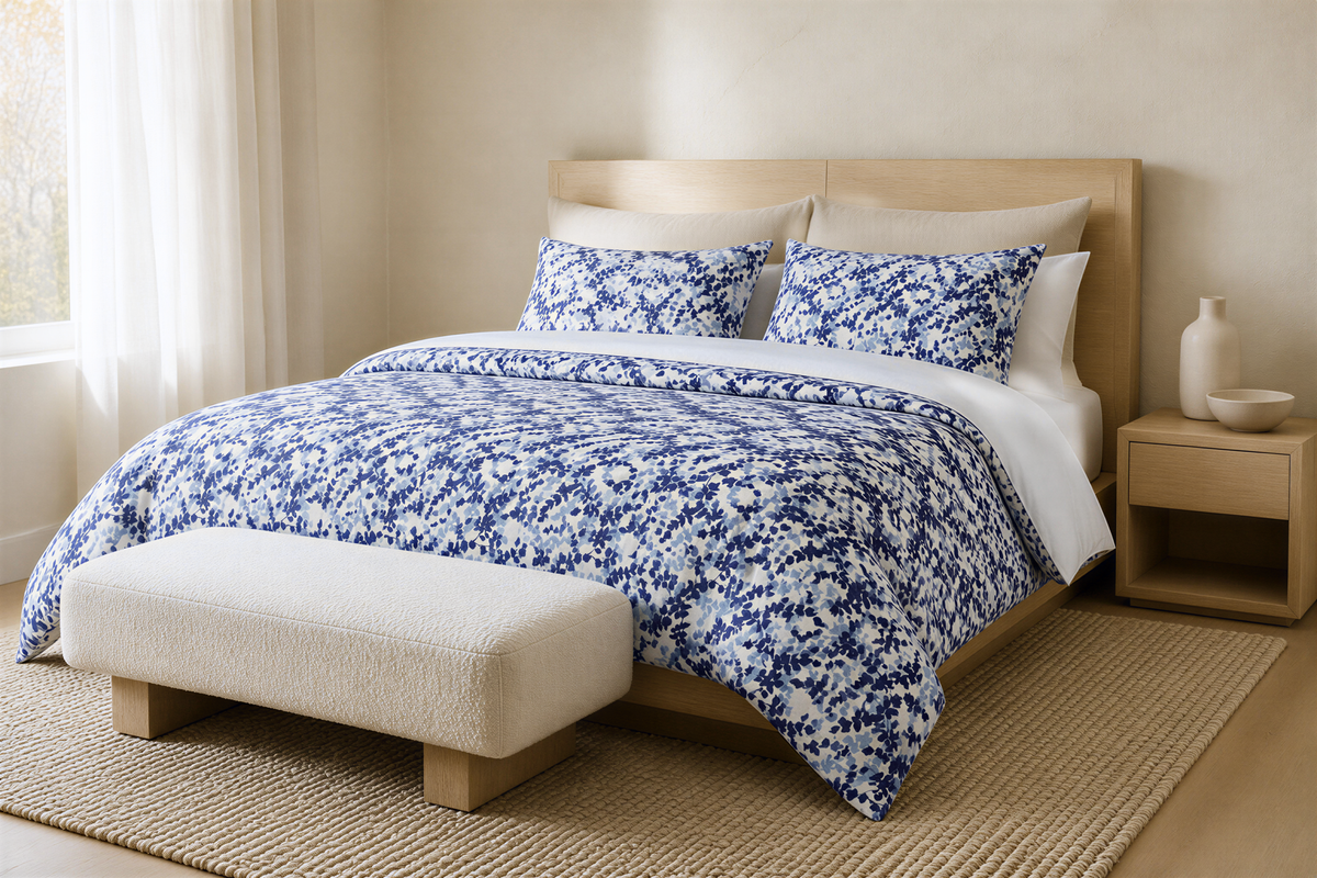 a bedroom with a large bed, a wooden headboard, and a white ottoman. The bed is covered in a blue and white patterned comforter and pillows. The room has a neutral color scheme with beige walls and a wooden floor.