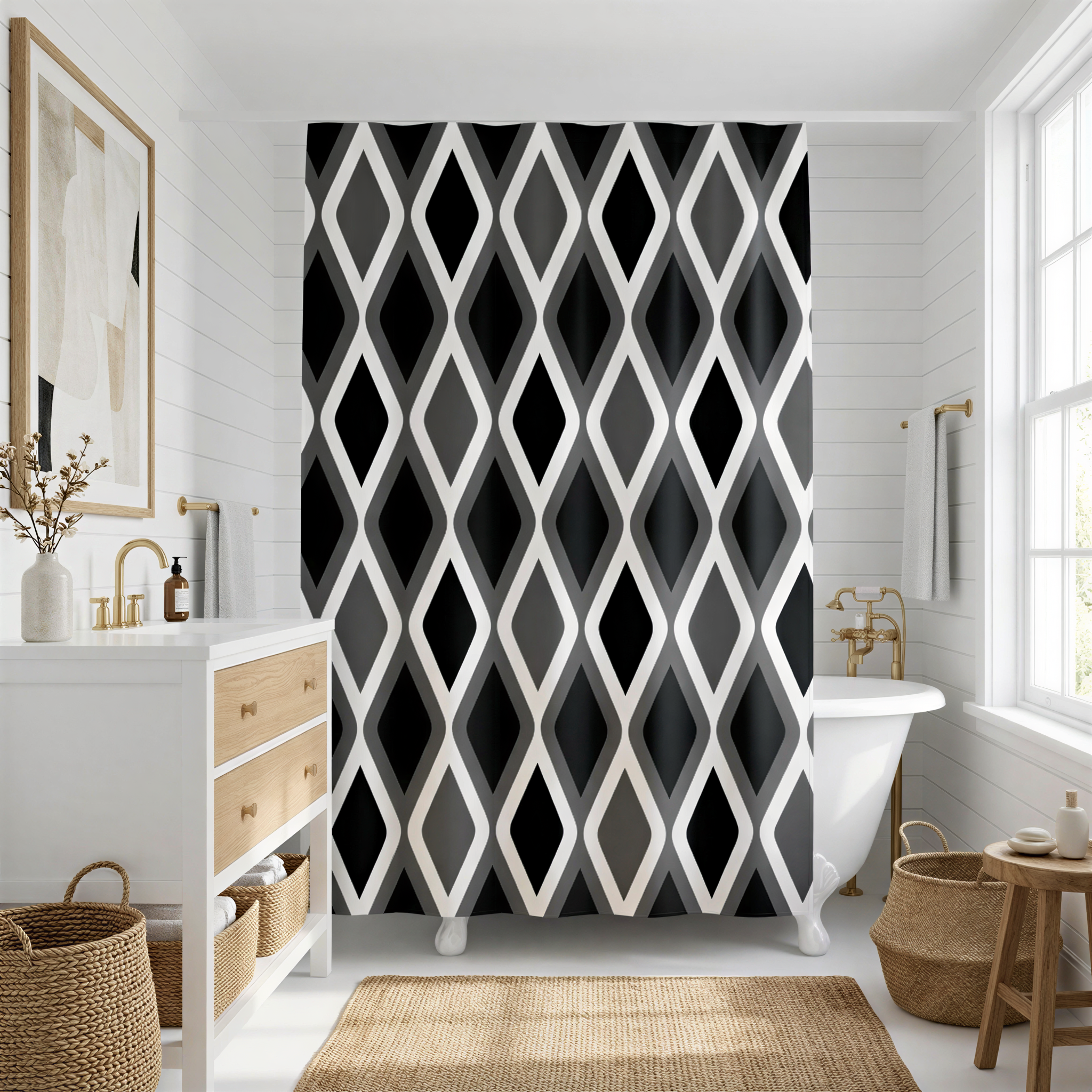 a modern bathroom with a white vanity, a large black and white diamond patterned shower curtain, and a wooden stool.