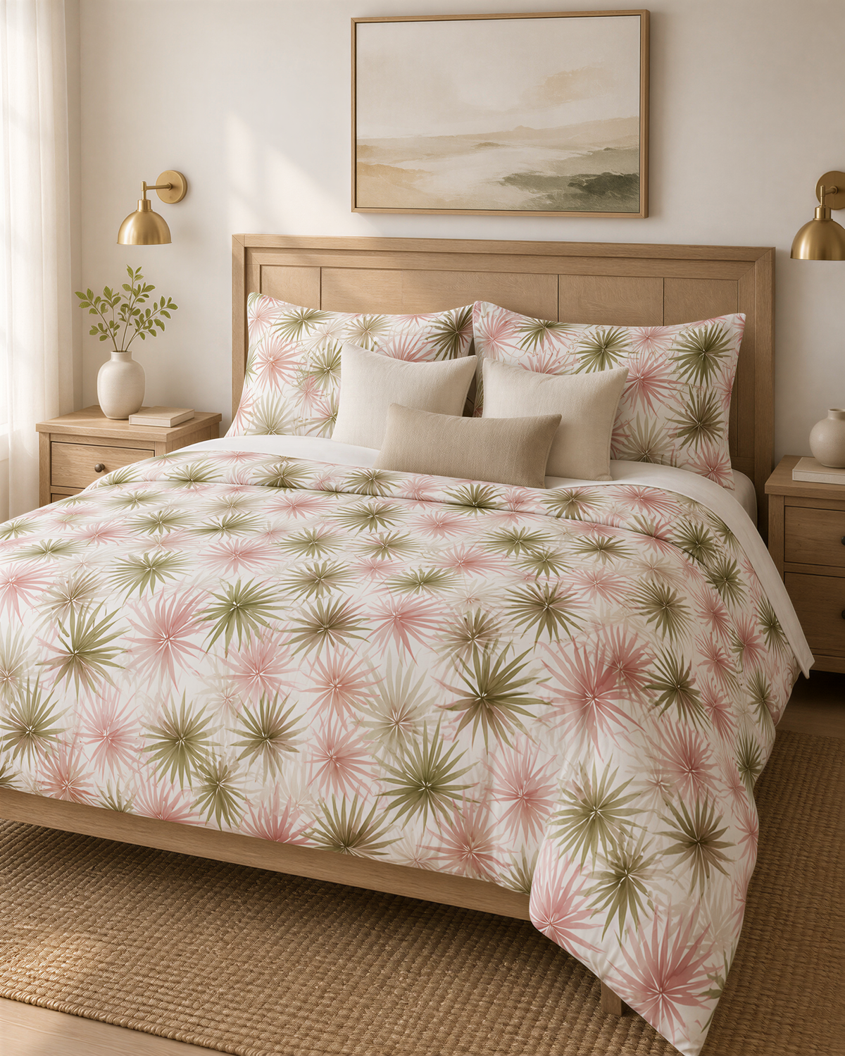 a cozy bedroom with a large bed adorned with a pink and green tropical print comforter and matching pillows. The bed is framed by a wooden headboard, and the room features a painting on the wall above the bed. There are also two nightstands with lamps, and a rug on the floor.