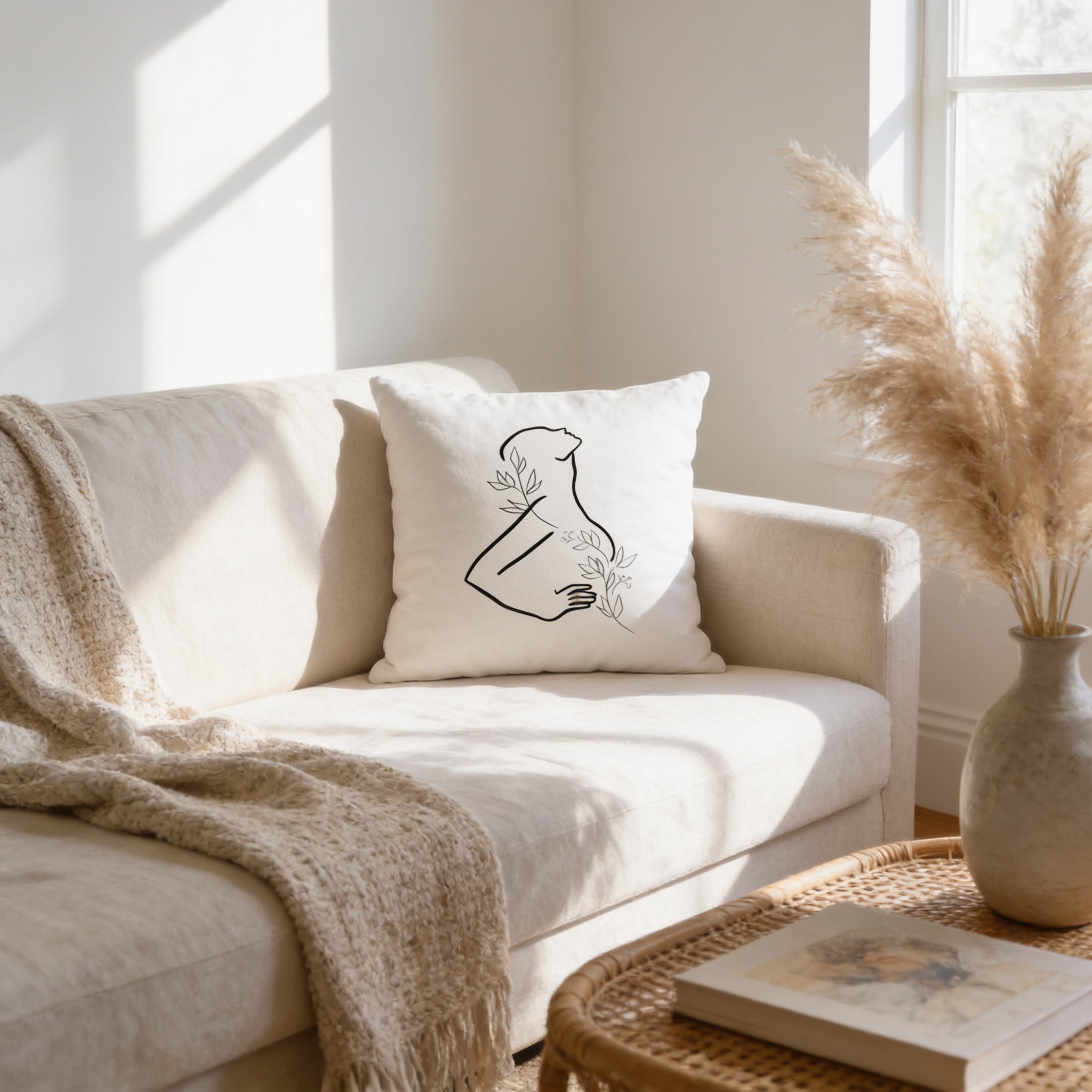 a cozy living room with a beige sofa, a white pillow with a black line drawing of a woman's face, and a woven basket with a potted plant.