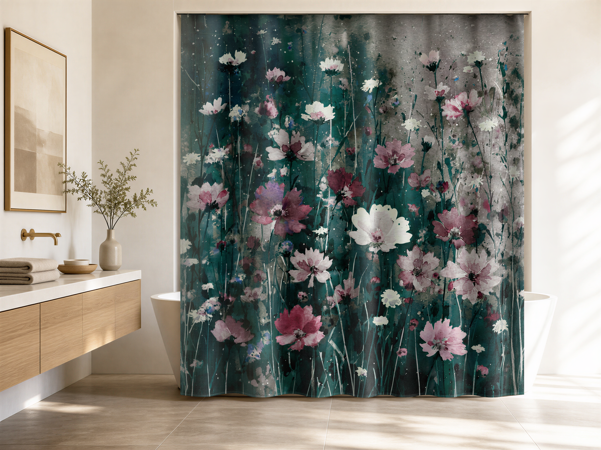 a bathroom with a large floral shower curtain hanging in the shower area. The shower curtain has a vibrant design with various shades of pink, white, and green flowers. The bathroom also includes a wooden vanity and a framed picture on the wall.