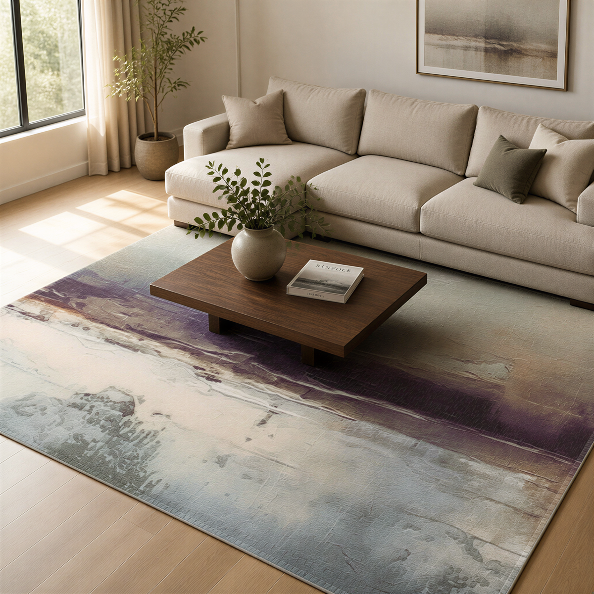 a cozy living room with a beige sofa, a wooden coffee table, and a colorful abstract rug on the floor.