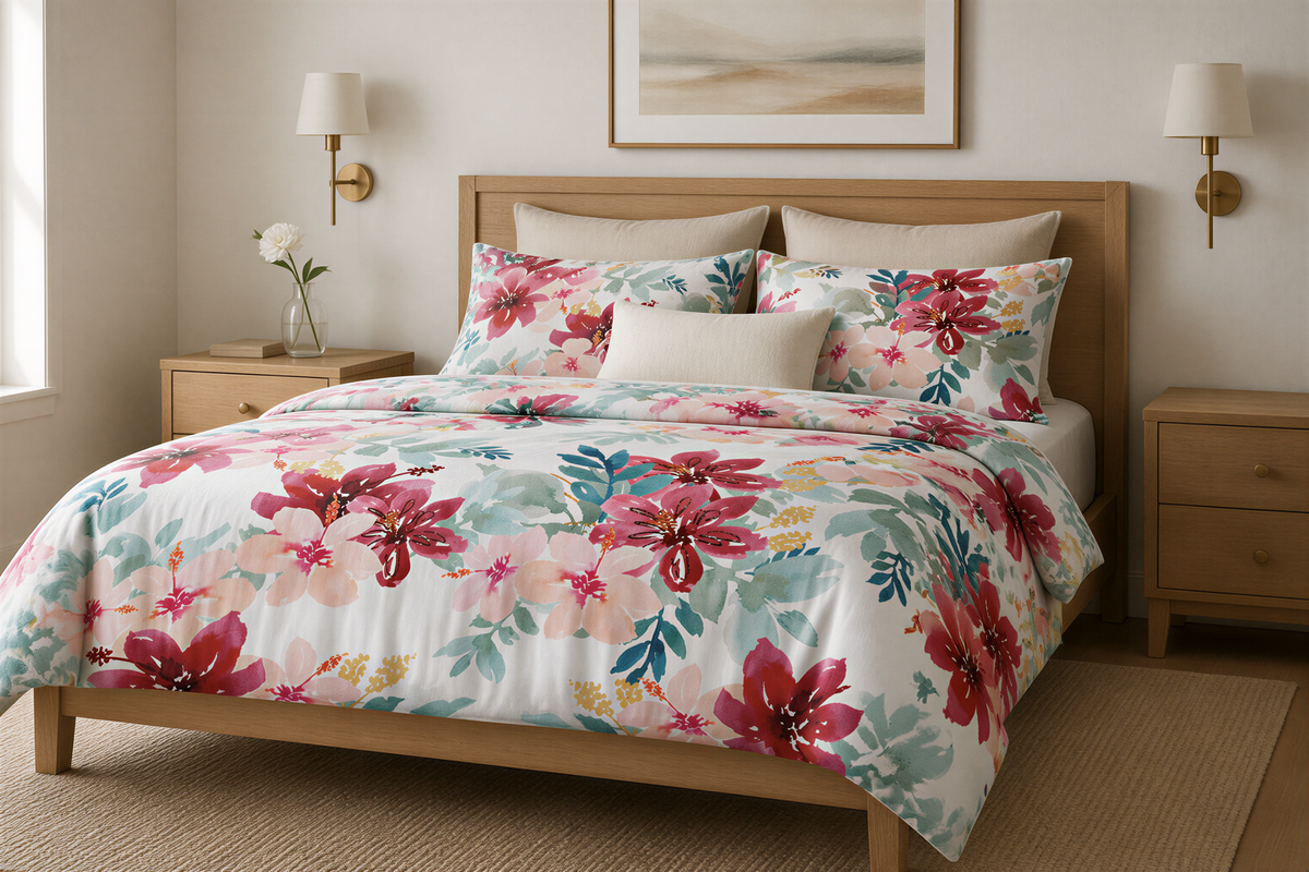 a bedroom with a floral bedspread and matching pillows, a wooden headboard, and two nightstands with lamps.