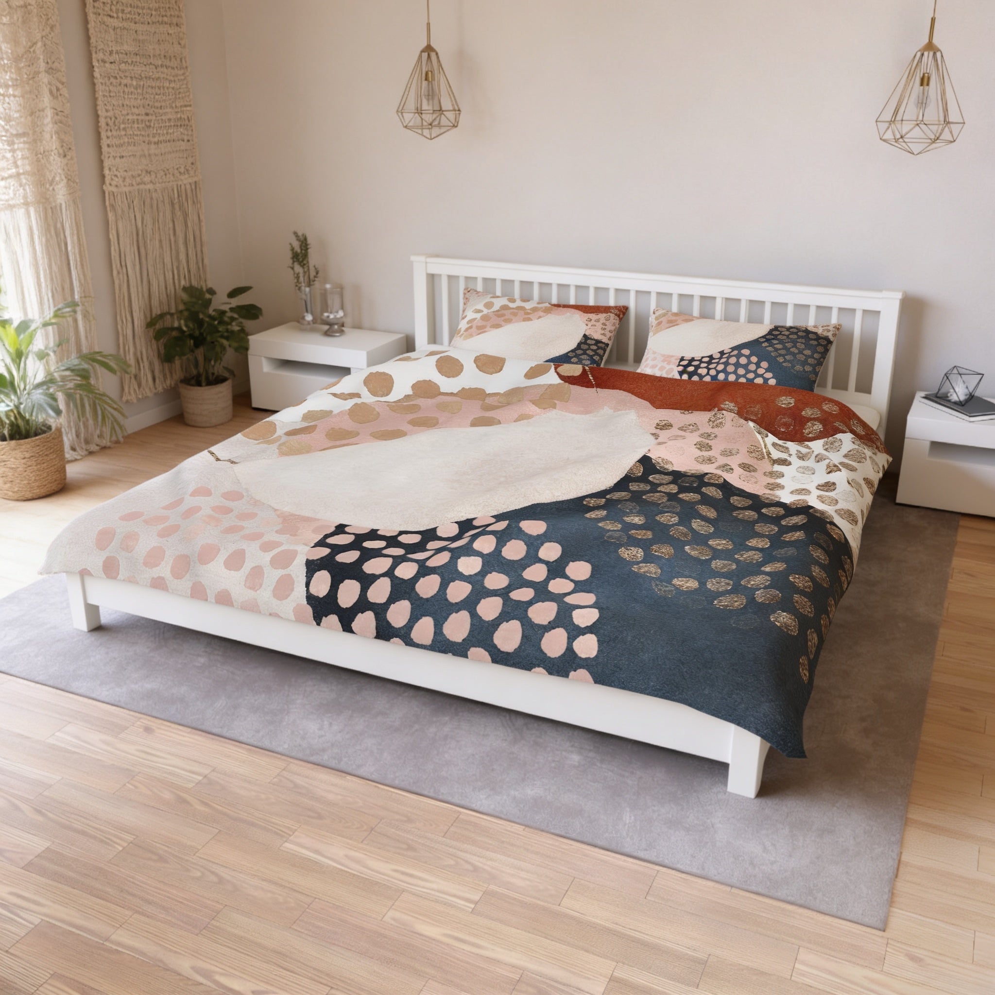 a bedroom with a large bed featuring a colorful, patterned comforter and pillows. The bed is positioned against a white wall, with a gray rug on the floor. The room also includes a window, a nightstand, and a potted plant, creating a cozy and inviting atmosphere.