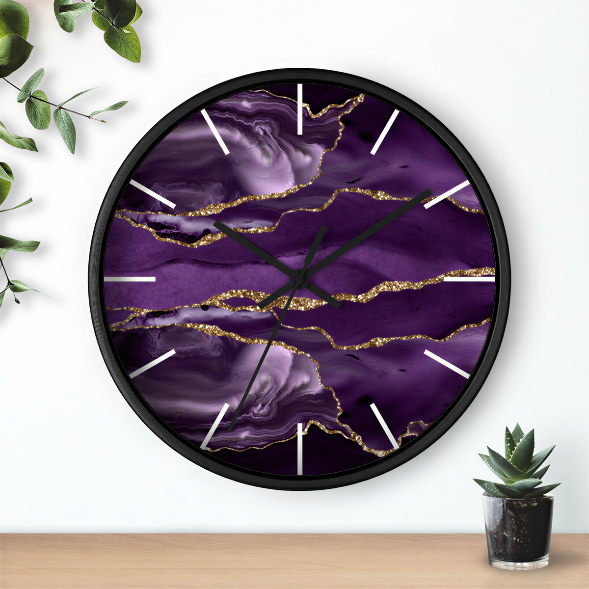 Marble Print Wood Wall Clock Purple Gold in a modern home interior