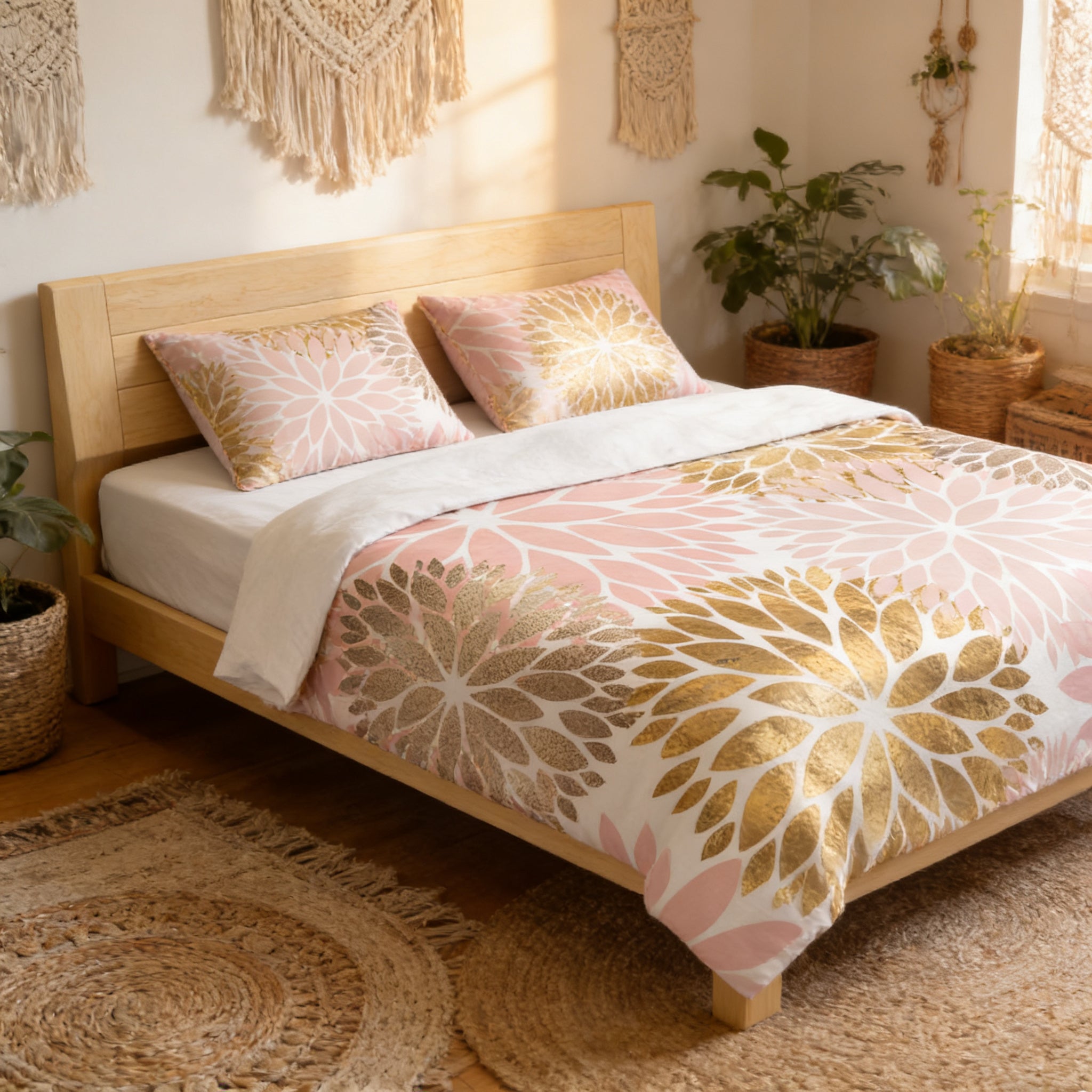 a cozy bedroom with a wooden bed frame, a floral bedspread, and several potted plants. The room has a warm and inviting atmosphere, with a rug on the floor and a macrame wall decoration adding to the overall aesthetic.