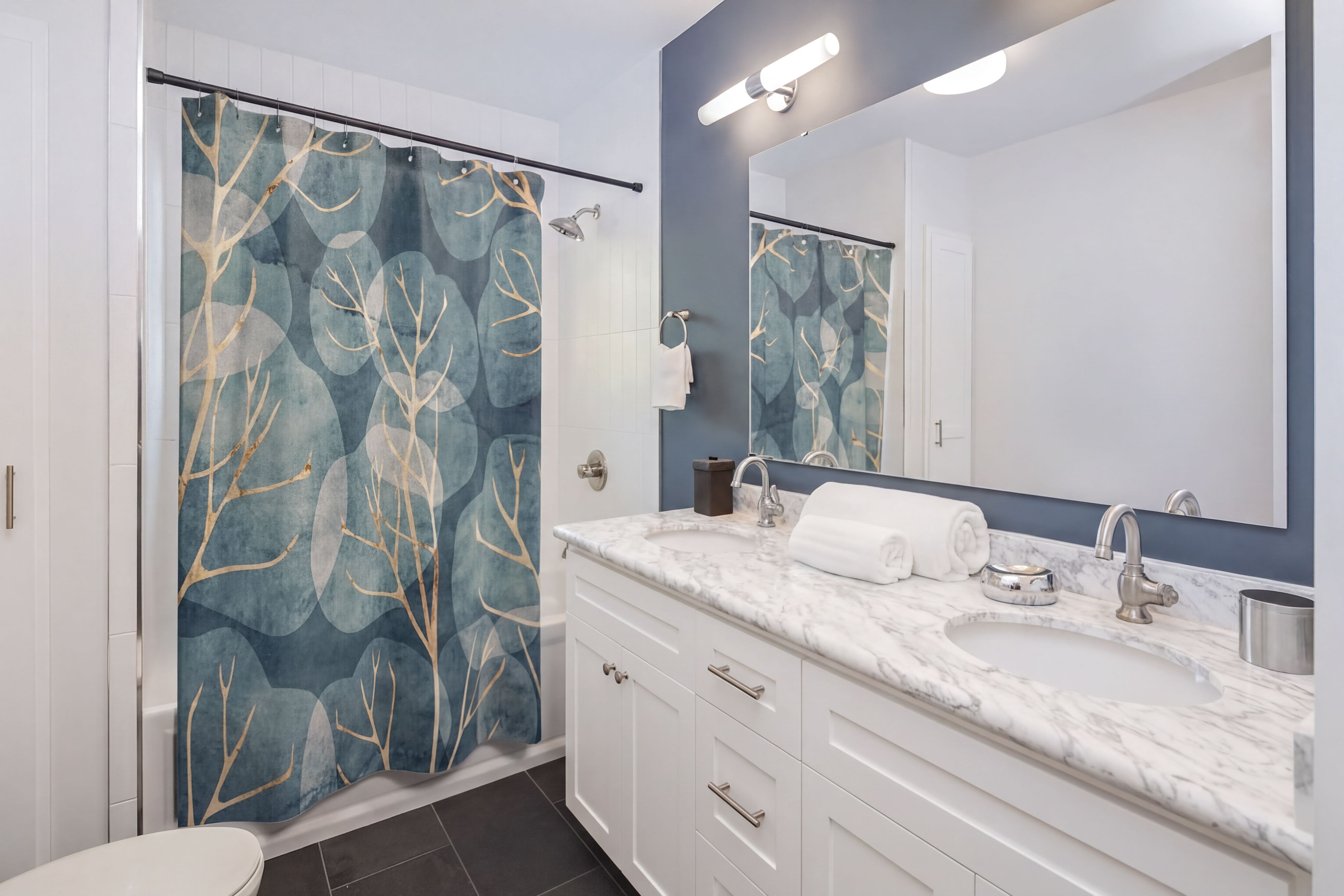 Dusty Blue and Beige Ginkgo Leaves Shower Curtain