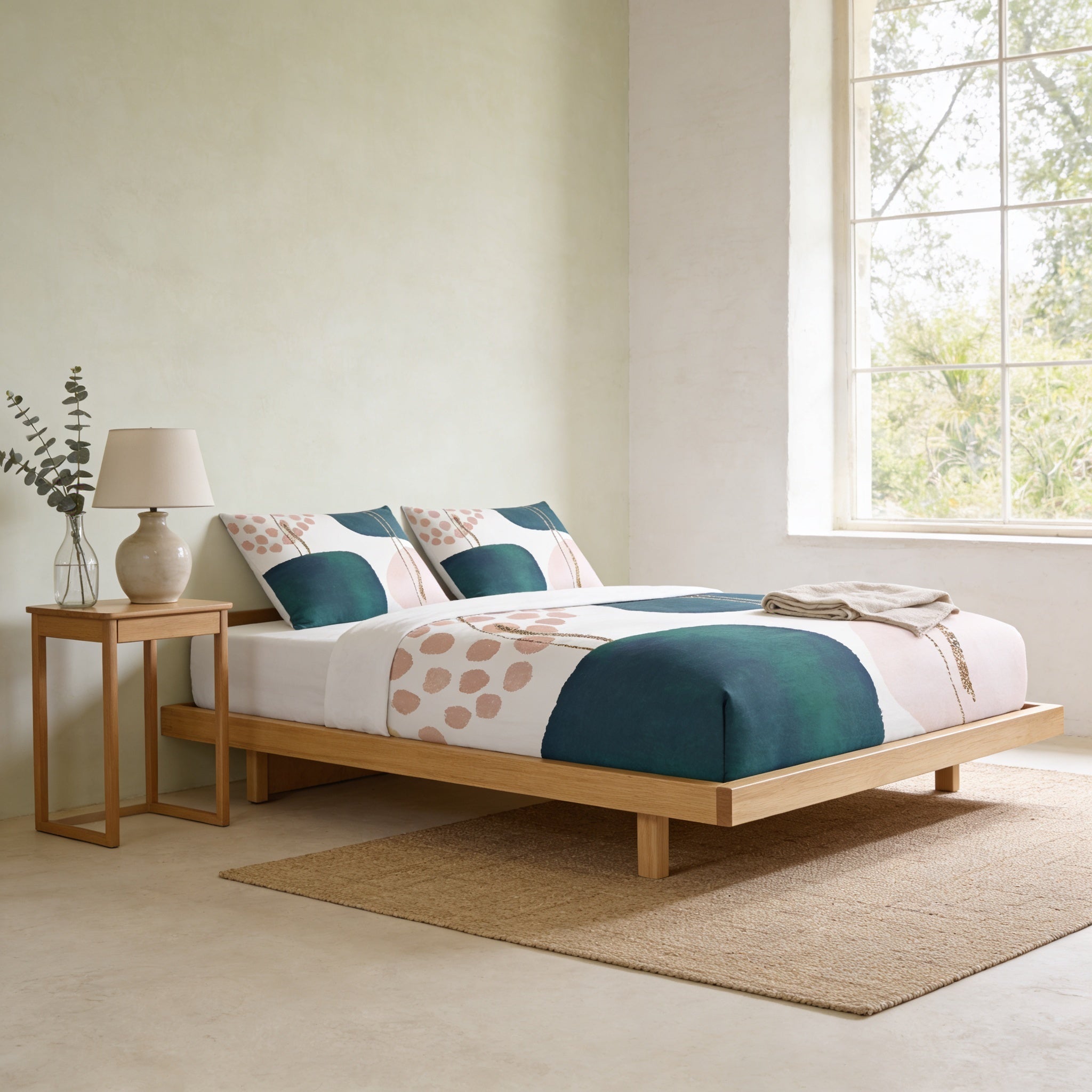 a serene and modern bedroom with a wooden bed frame, a white and blue patterned comforter, and a wooden nightstand with a lamp. The room has a large window that allows natural light to fill the space, and a rug on the floor adds warmth and texture to the overall design.