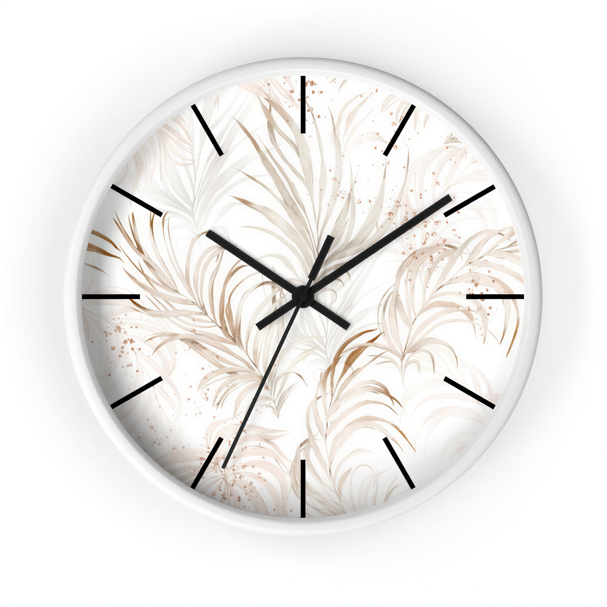 Floral Wood Wall Clock White Beige Leaves hanging above a console table