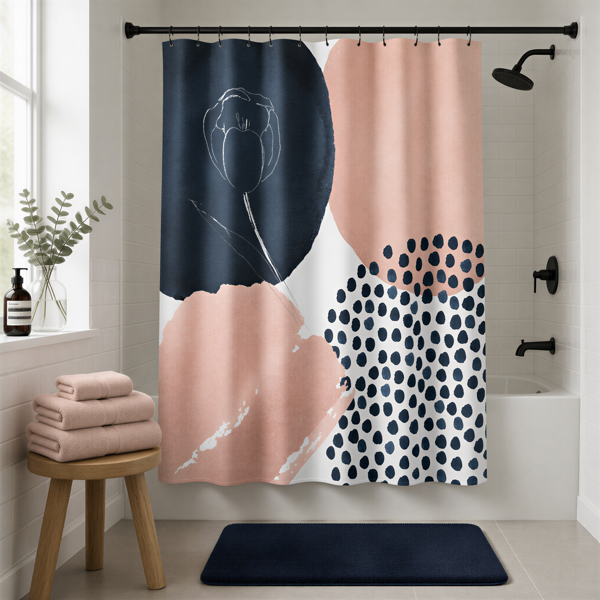 a bathroom with a shower curtain featuring a floral design in black and pink colors, along with a wooden stool and a potted plant.