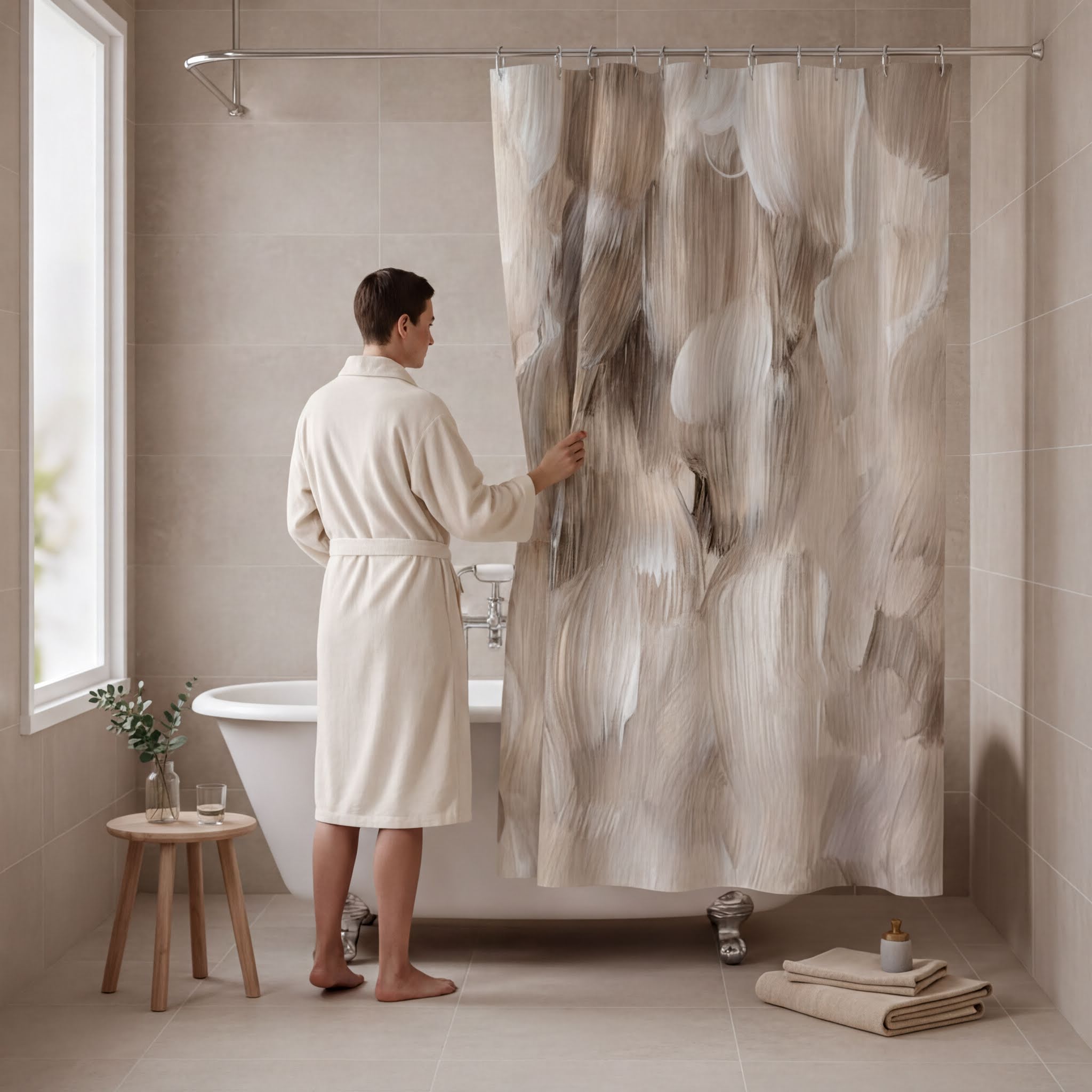A person in a white bathrobe stands in a bathroom, holding a shower curtain with a large abstract design.