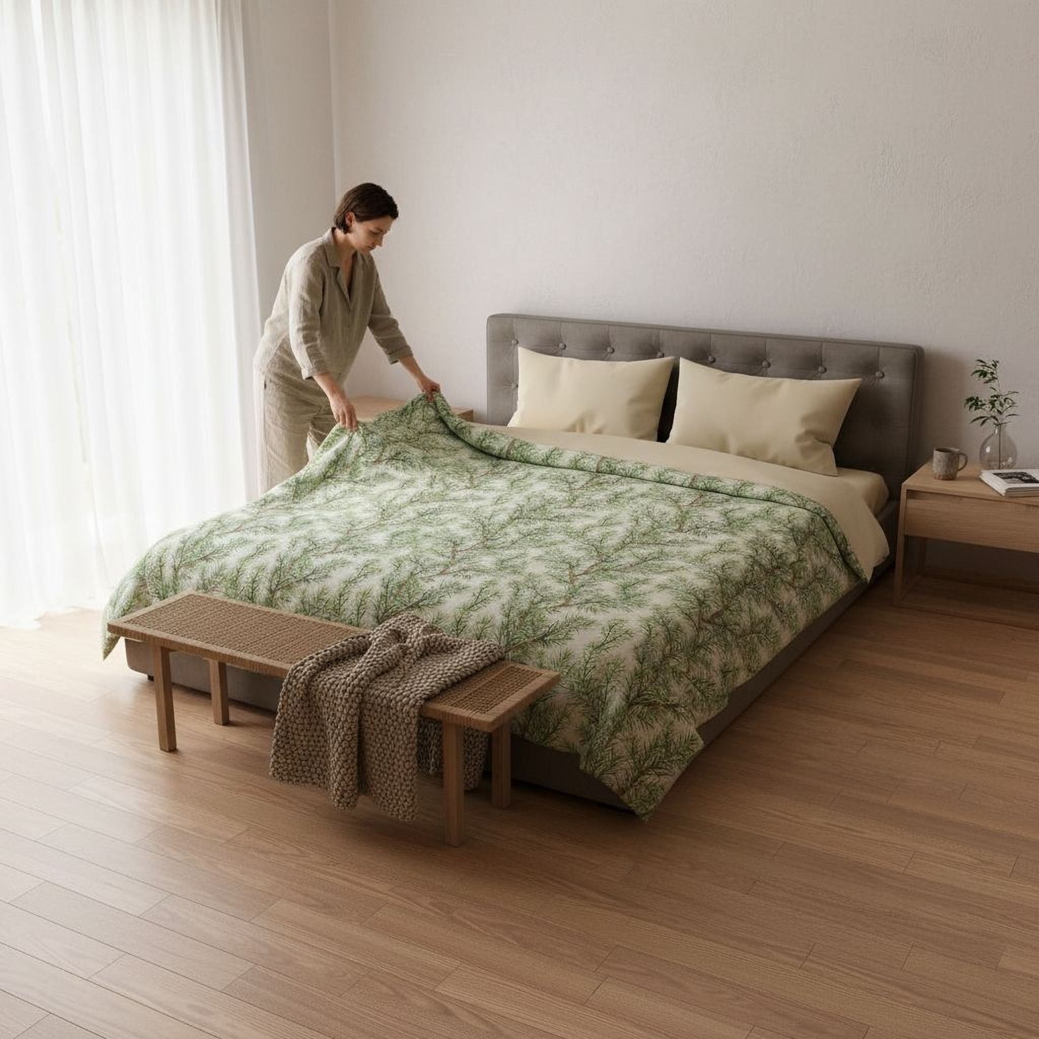 A woman is arranging a bed with a green and white patterned bedspread in a bedroom with a wooden floor and a window.