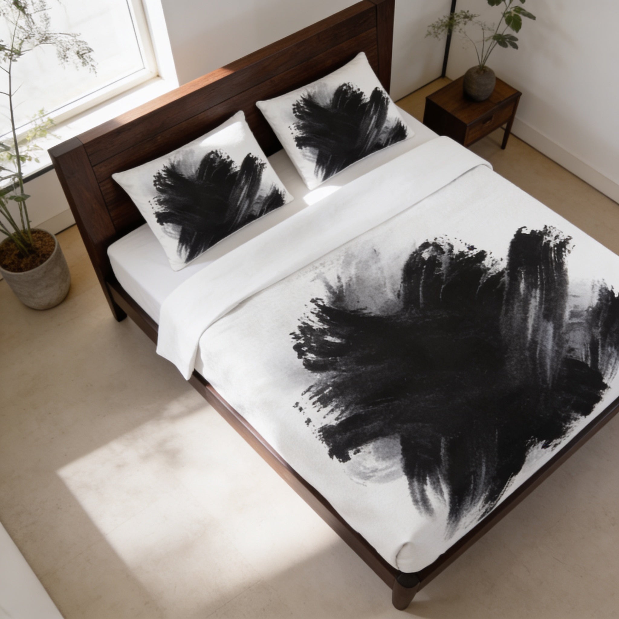 a bedroom with a bed featuring a black and white abstract design on the comforter and pillows. The bed is positioned against a wall with a window, and there is a nightstand with a plant on it.