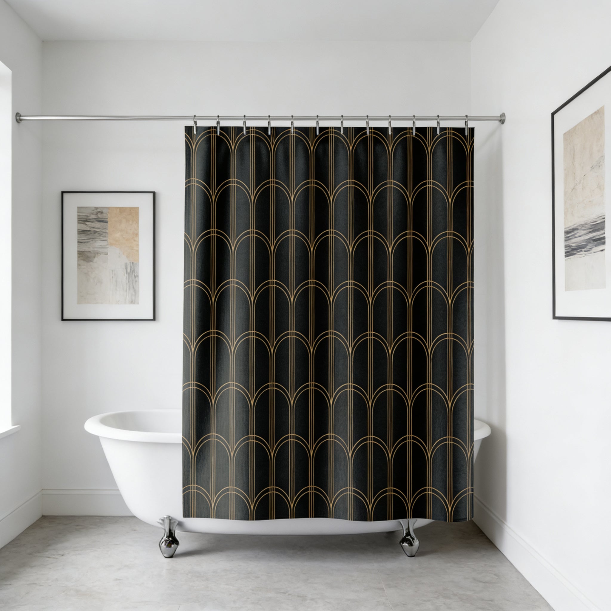 a bathroom with a white bathtub and a black and gold patterned shower curtain. There are two framed artworks on the wall, one above the bathtub and one to the right of the bathtub.