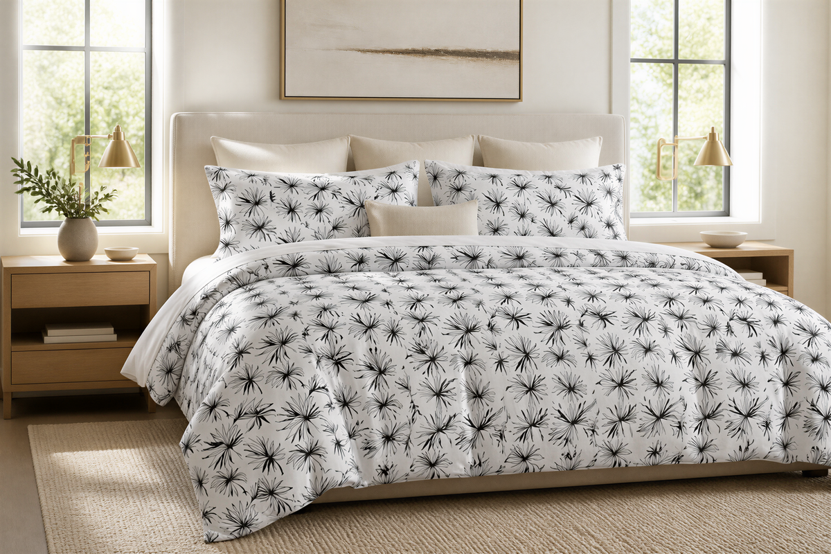 a bedroom with a large bed, a wooden nightstand, and a painting on the wall. The bed is covered in a white and black patterned comforter and pillows.
