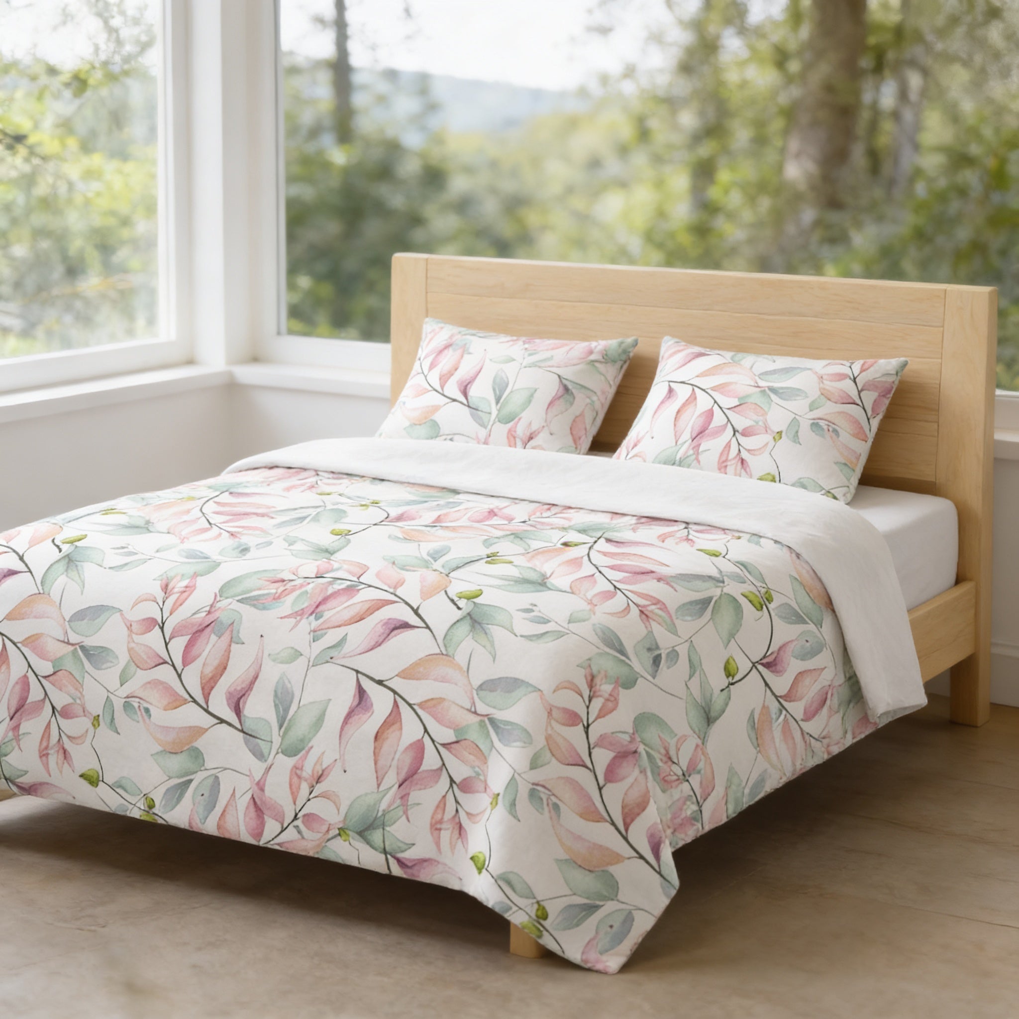 a bed with a white and green leafy patterned comforter and pillows, placed in a room with a large window overlooking a forested area.