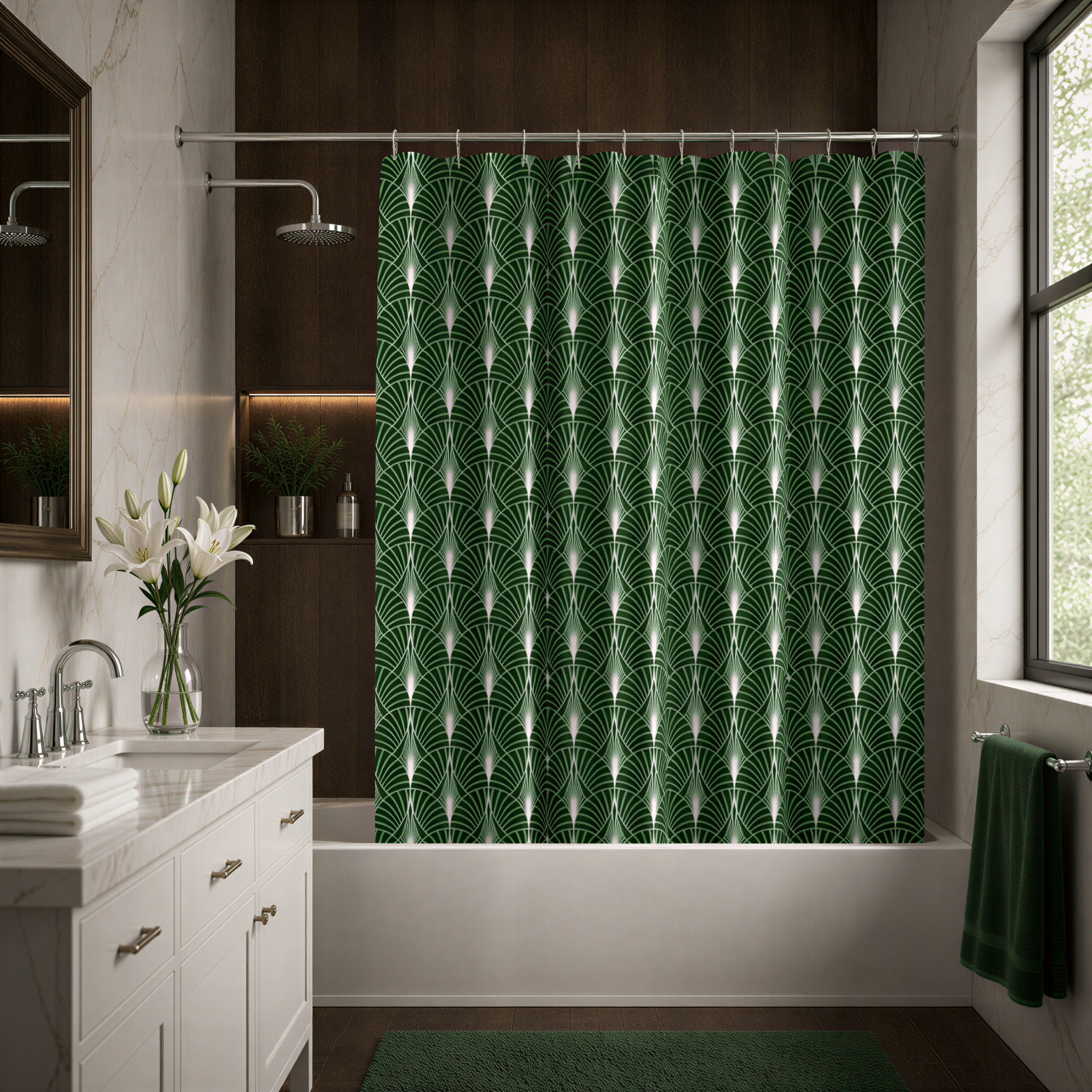 a modern bathroom with a white bathtub, a green patterned shower curtain, a white sink, and a vase of white lilies on the counter.