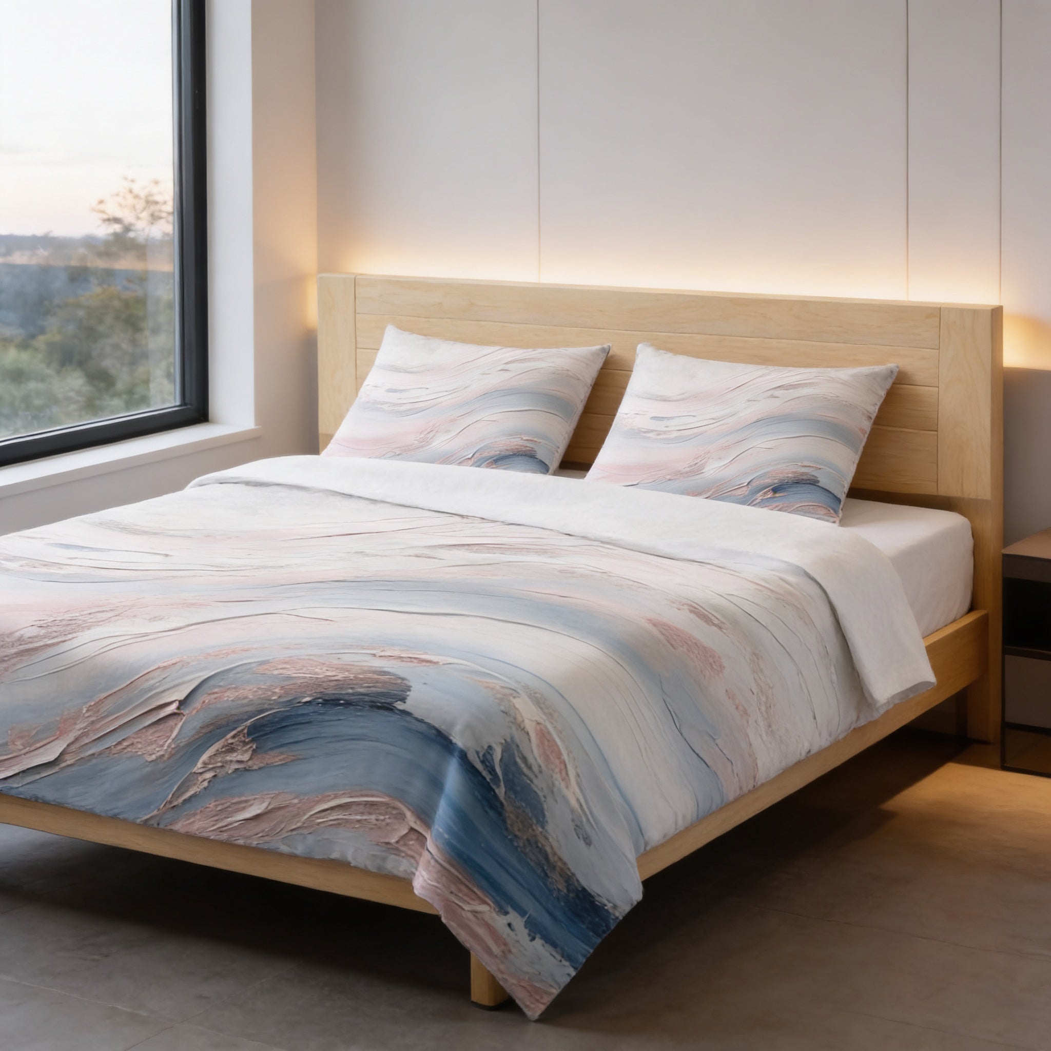 a modern bedroom with a wooden bed frame and a white and blue patterned comforter. The bed is positioned against a wall with a window, and there is a nightstand next to it.
