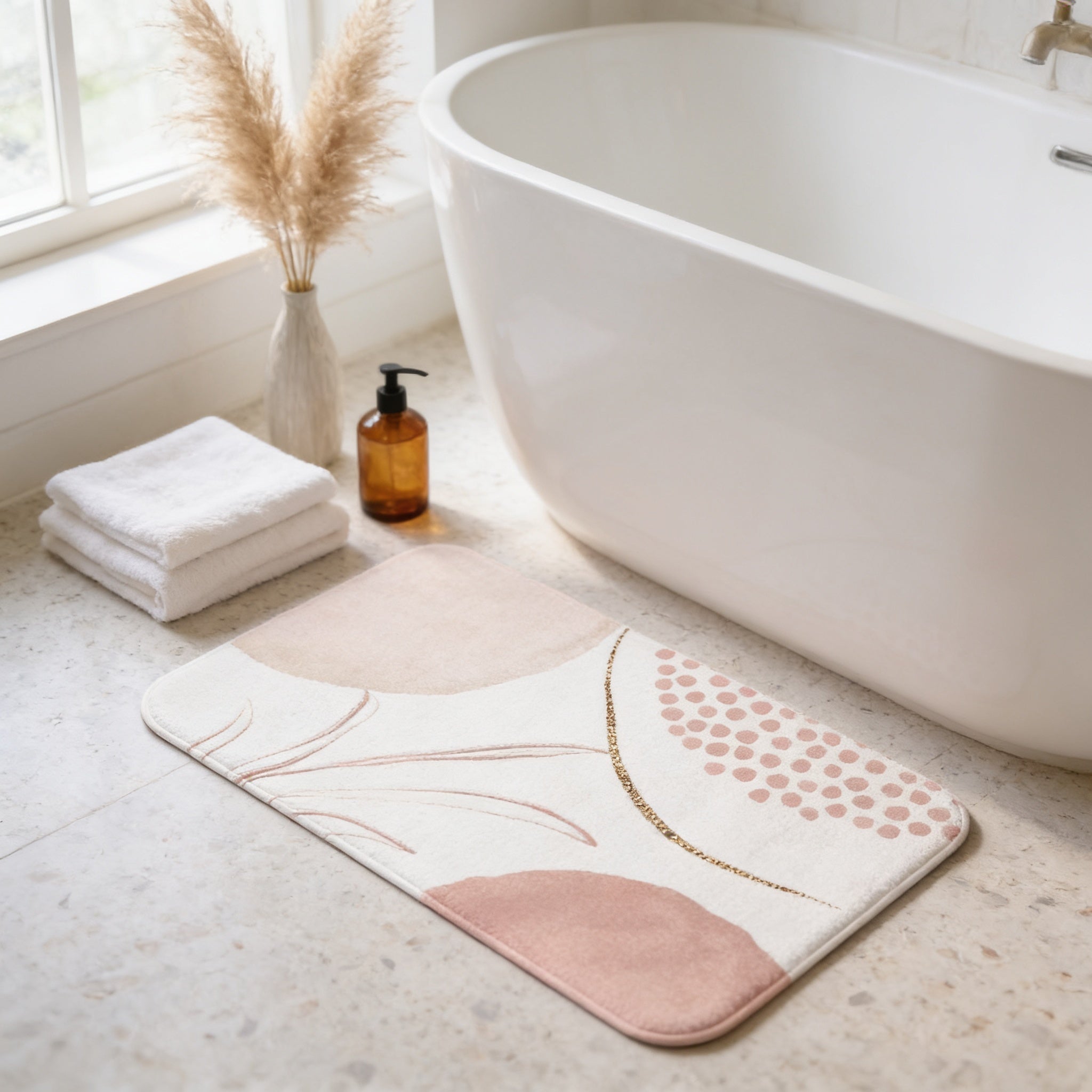 a bathroom with a white bathtub, a decorative rug, and a bottle of soap.