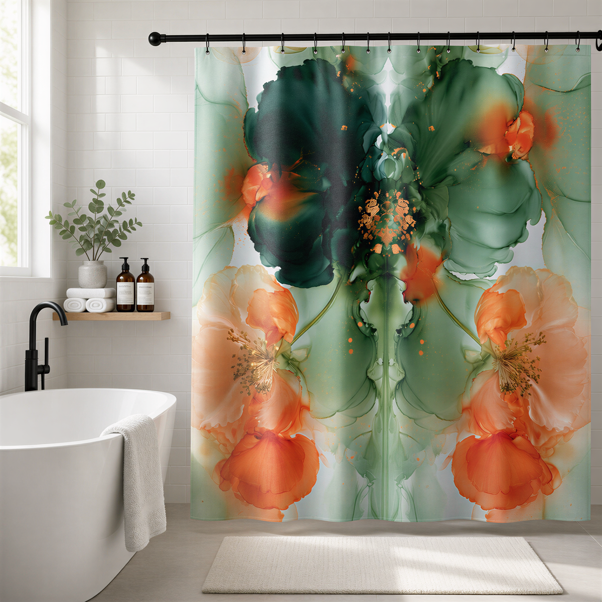 a bathroom with a white bathtub, a shower curtain with a floral design in shades of green and orange, and a shelf with bottles of toiletries.