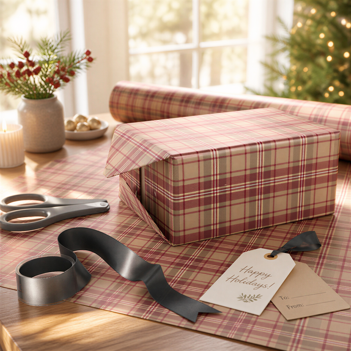 a festive holiday scene with a wrapped gift box, a ribbon, and a card on a table. There is also a vase of flowers and a candle in the background.