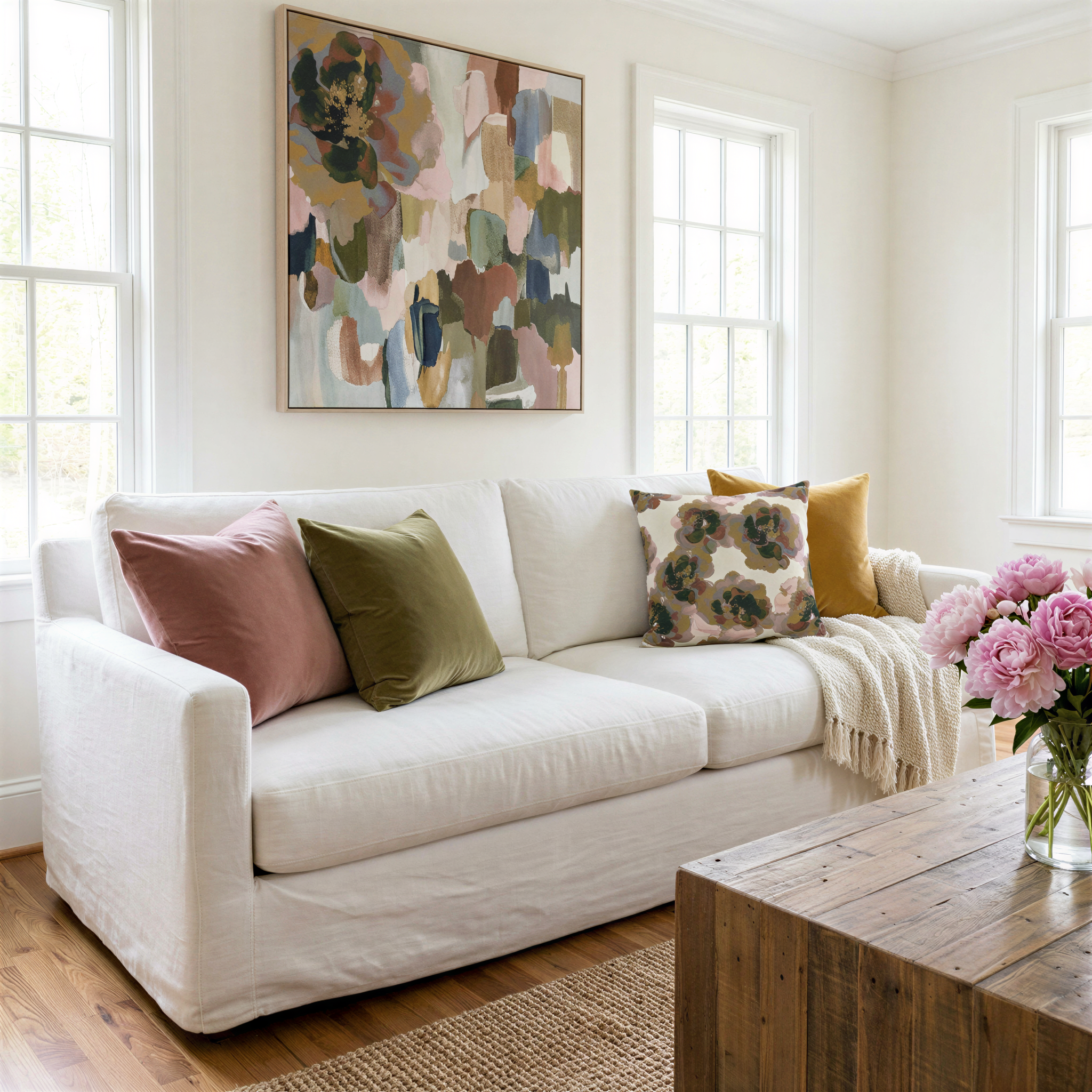 a cozy living room with a white sofa adorned with colorful throw pillows, a wooden coffee table, and a large abstract painting on the wall.