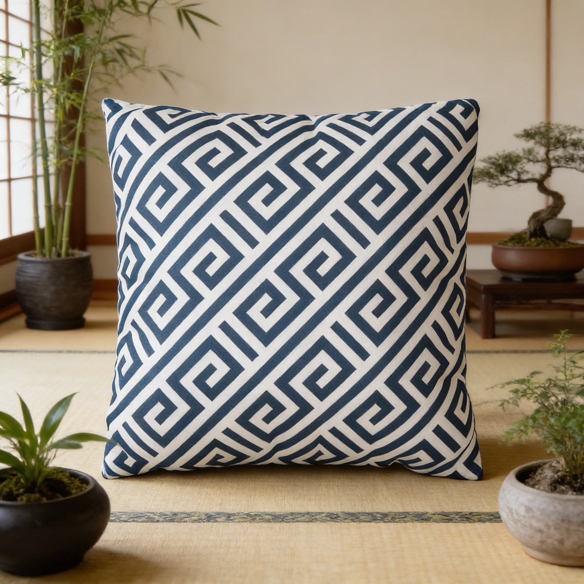 a large square throw pillow with a black and white geometric pattern, placed on a beige rug in a room with potted plants.