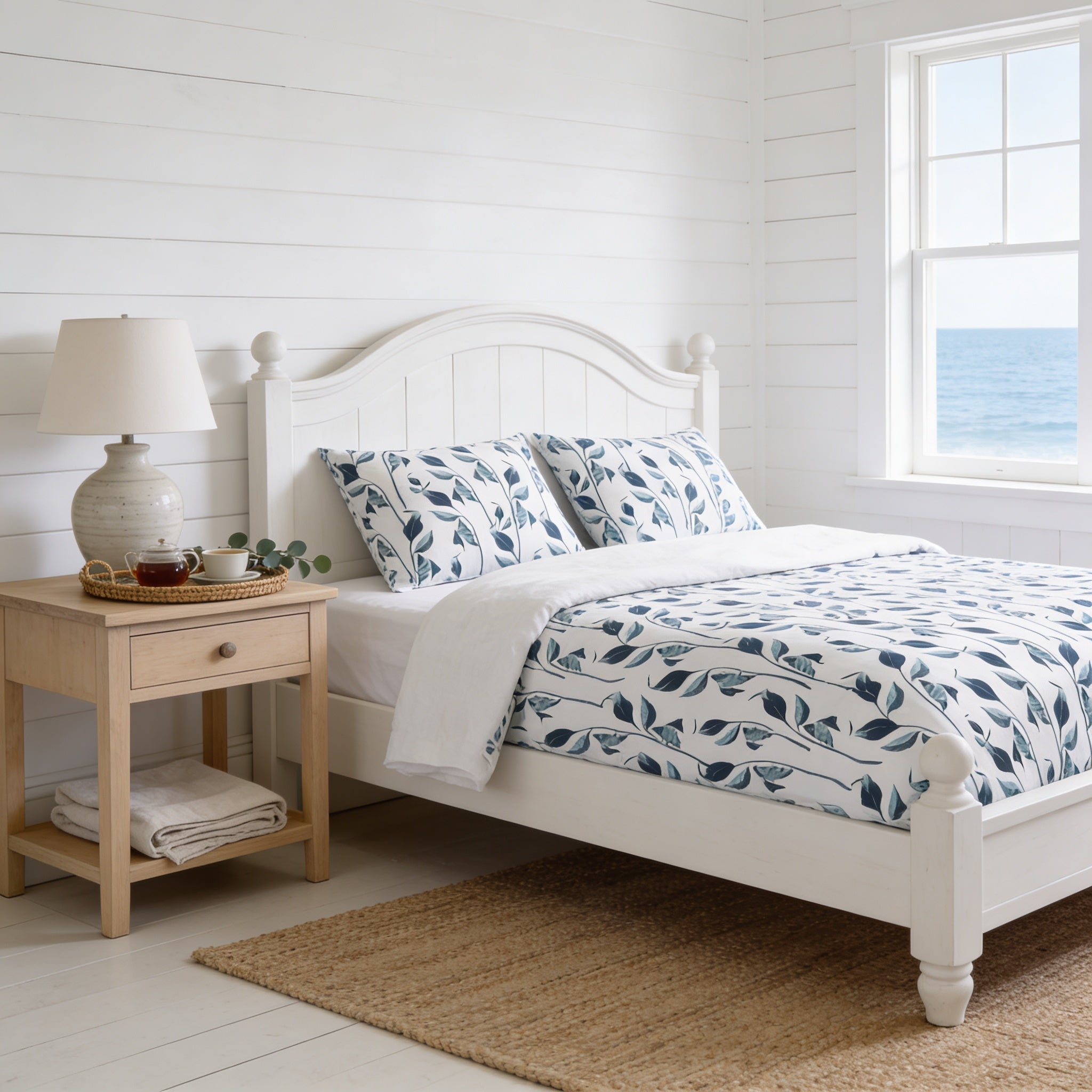 a serene bedroom scene with a white wooden bed frame, a nightstand with a lamp, and a window overlooking the ocean.